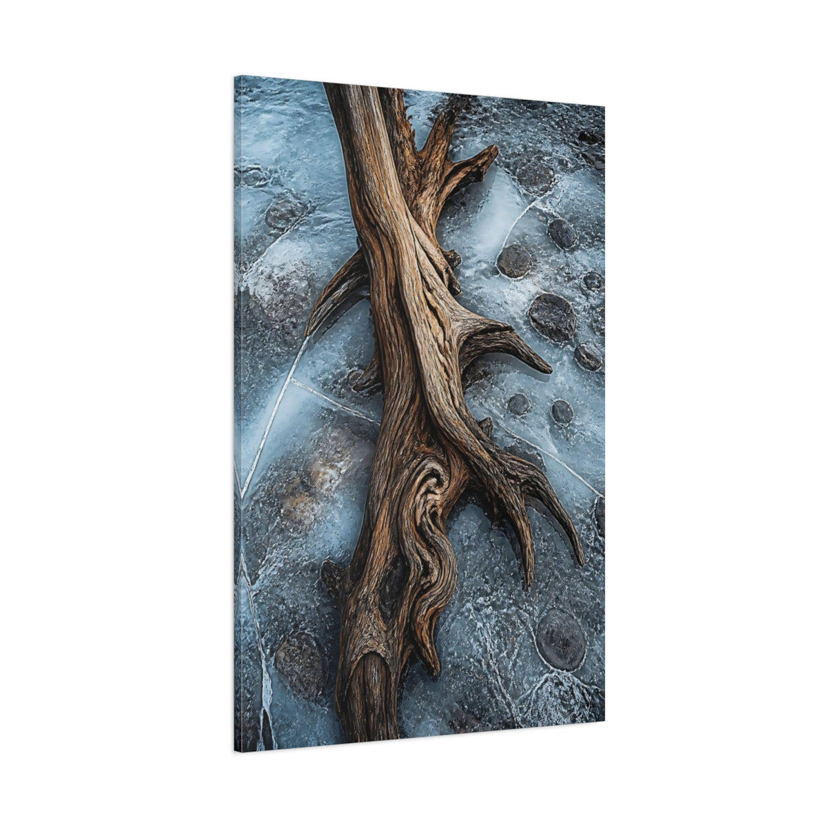 Side Mockup 1. Nature Driftwood Blue And Brown shown as stretched canvas wall art