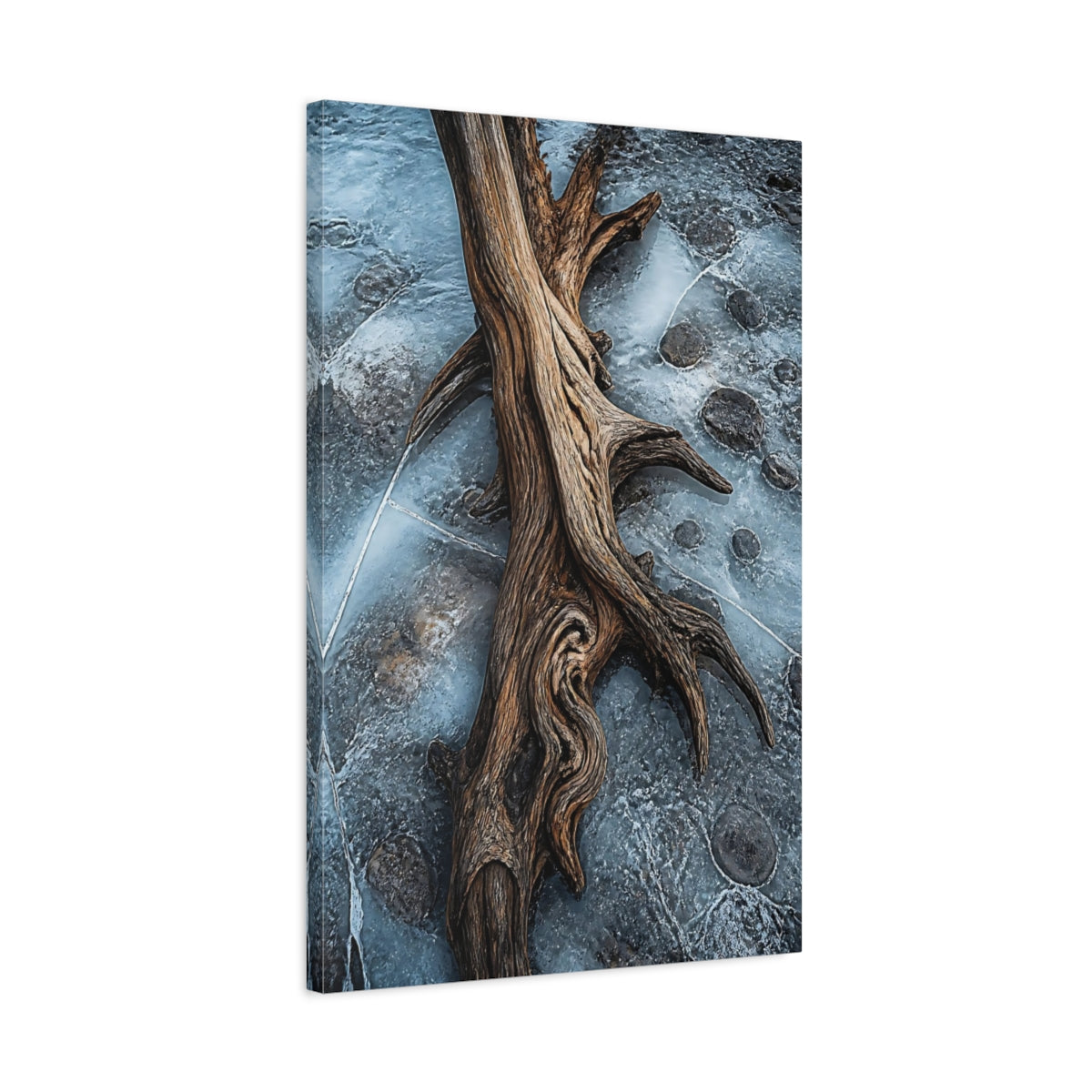 Side Mockup 2. Nature Driftwood Blue And Brown shown as stretched canvas wall art