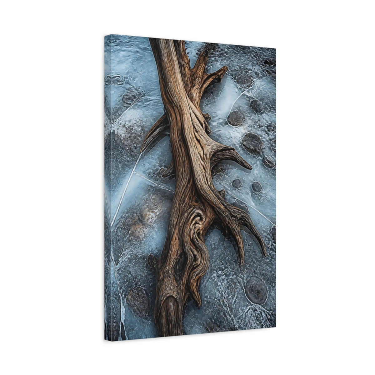 Side Mockup 3. Nature Driftwood Blue And Brown shown as stretched canvas wall art