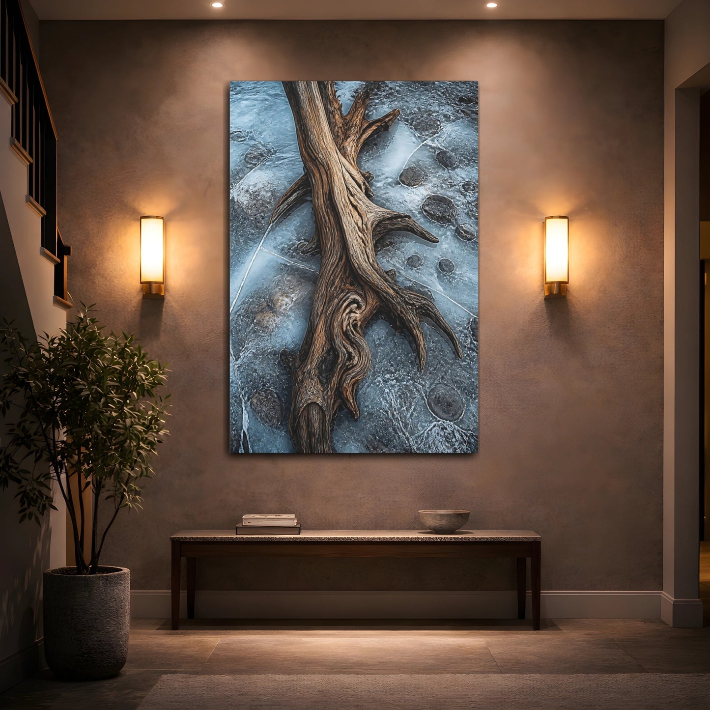Mockup 2. Nature Driftwood Blue And Brown shown as stretched canvas wall art