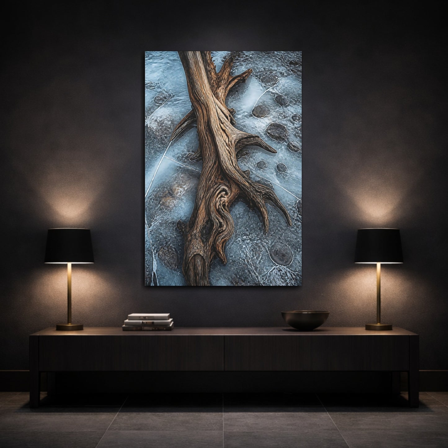 Mockup 3. Nature Driftwood Blue And Brown shown as stretched canvas wall art