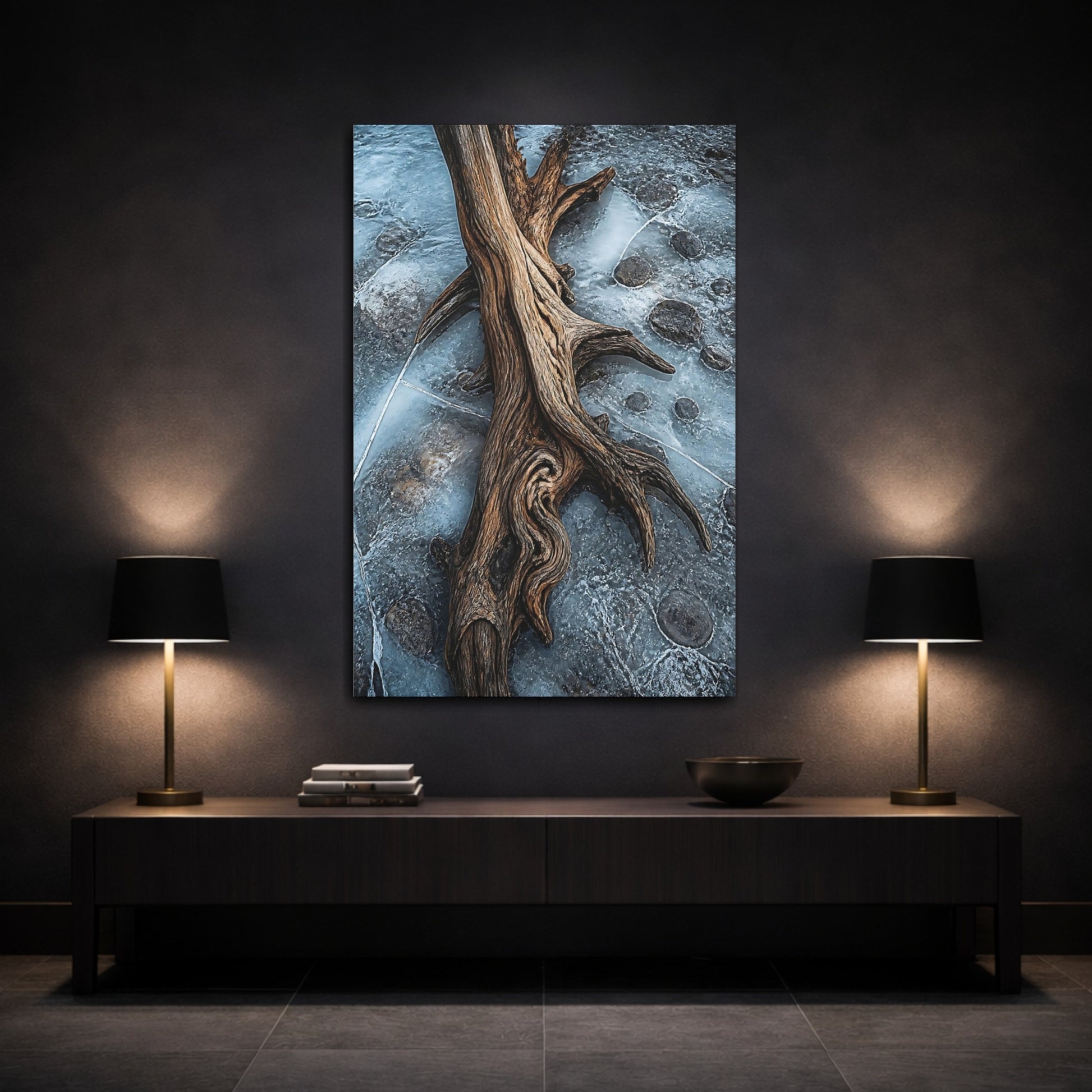Mockup 3. Nature Driftwood Blue And Brown shown as stretched canvas wall art