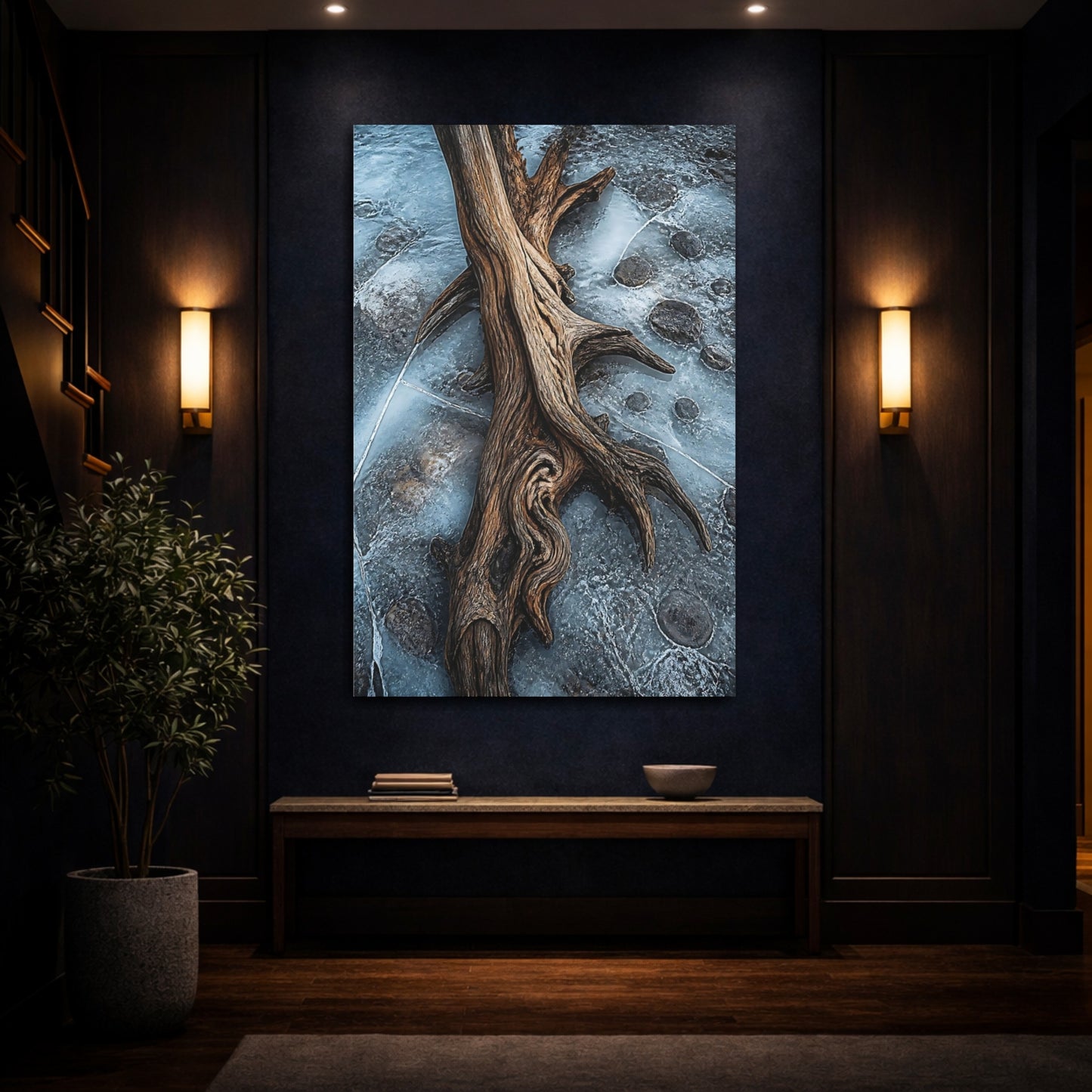 Mockup 4. Nature Driftwood Blue And Brown shown as stretched canvas wall art