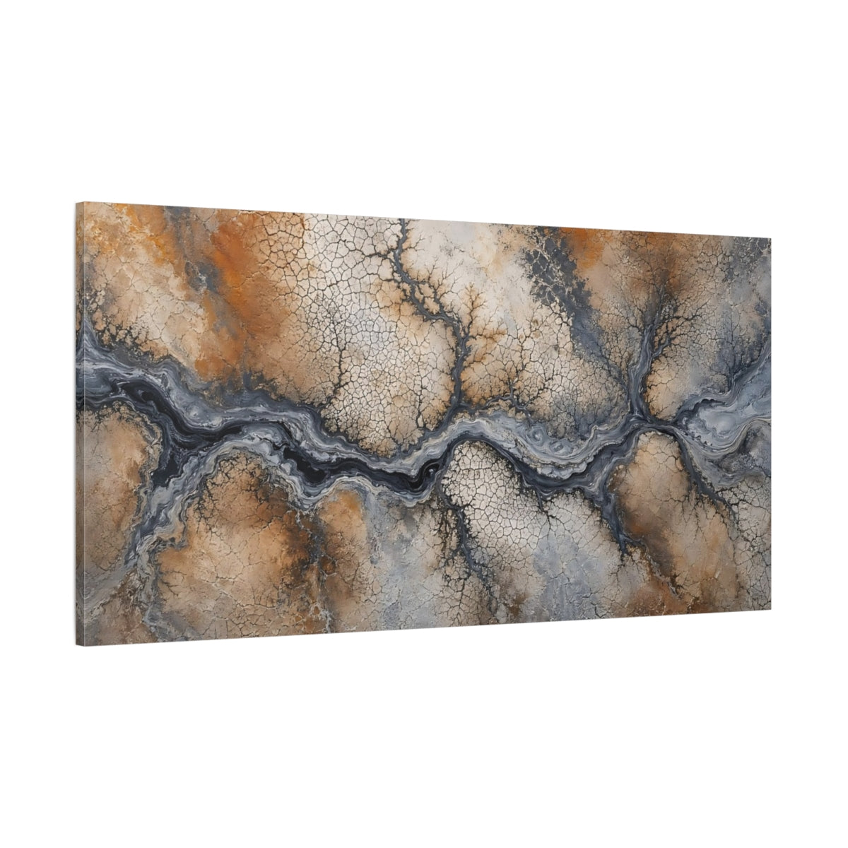 Side Mockup 2. Nature Dry Riverbed Brown Grey Abstract shown as stretched canvas wall art