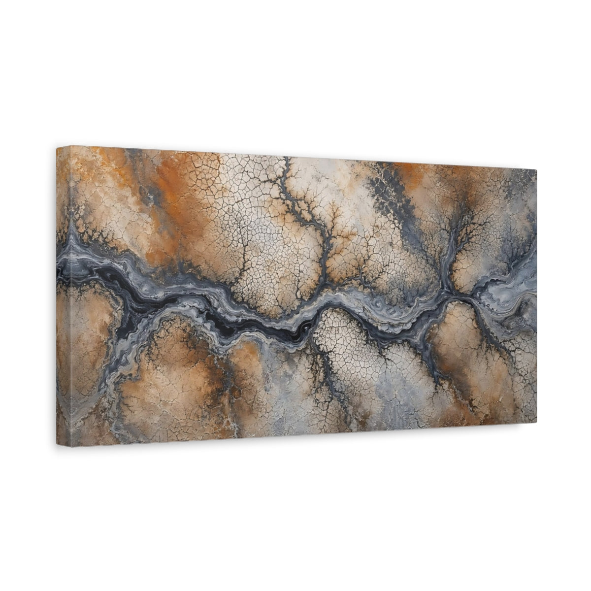Side Mockup 3. Nature Dry Riverbed Brown Grey Abstract shown as stretched canvas wall art
