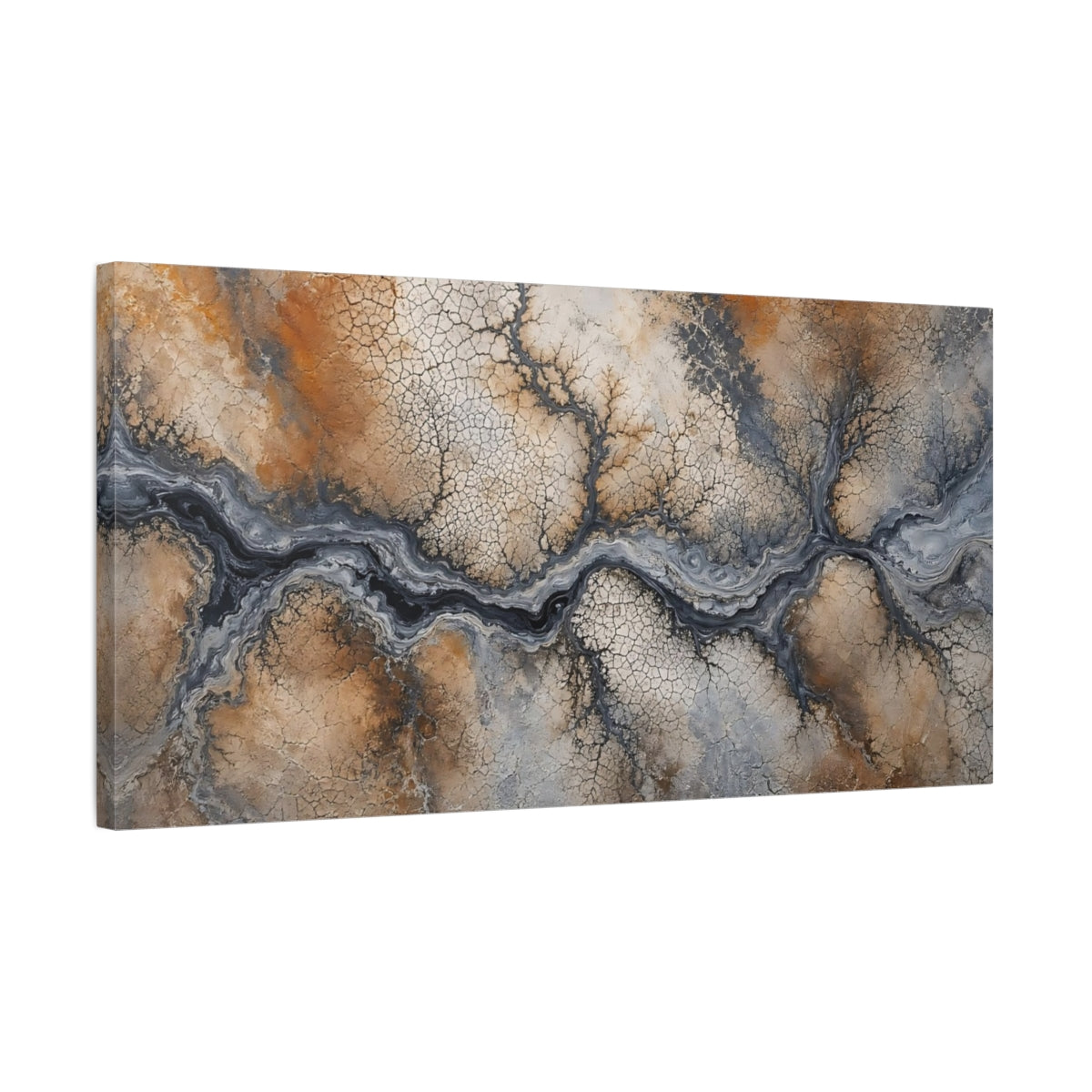 Side Mockup 1. Nature Dry Riverbed Brown Grey Abstract shown as stretched canvas wall art