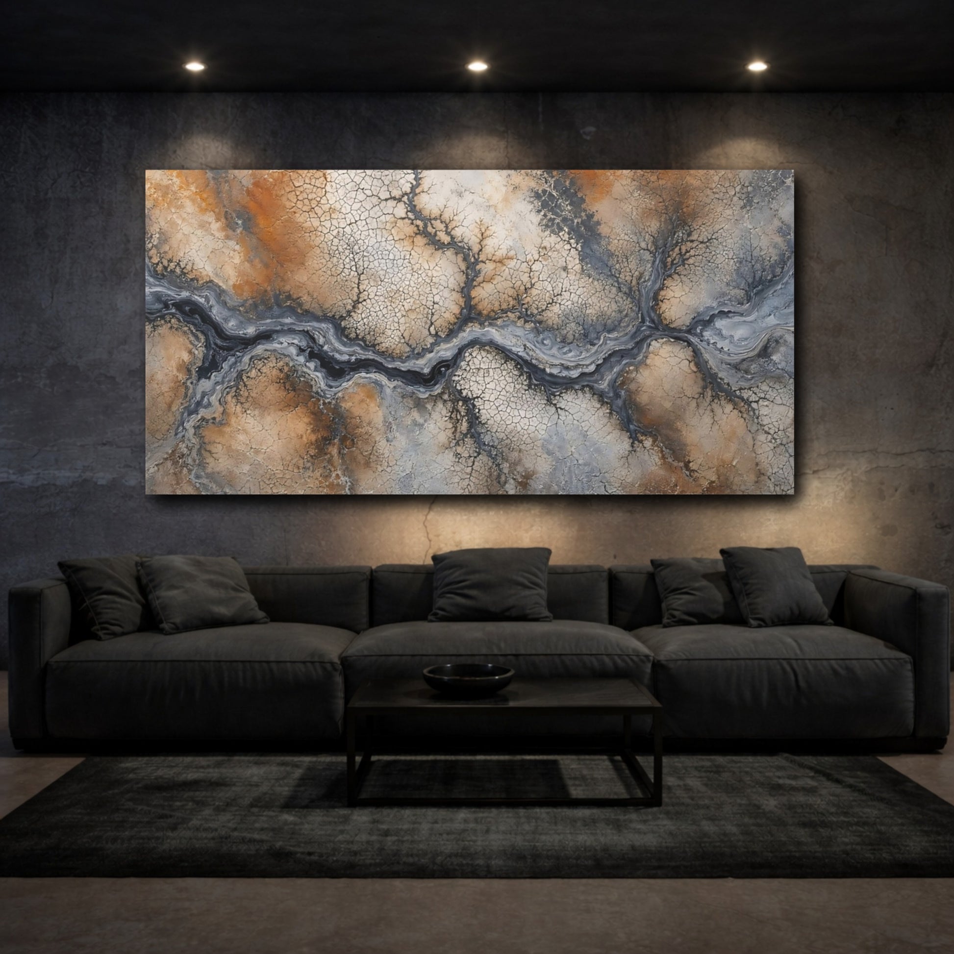 Mockup 2. Nature Dry Riverbed Brown Grey Abstract shown as stretched canvas wall art