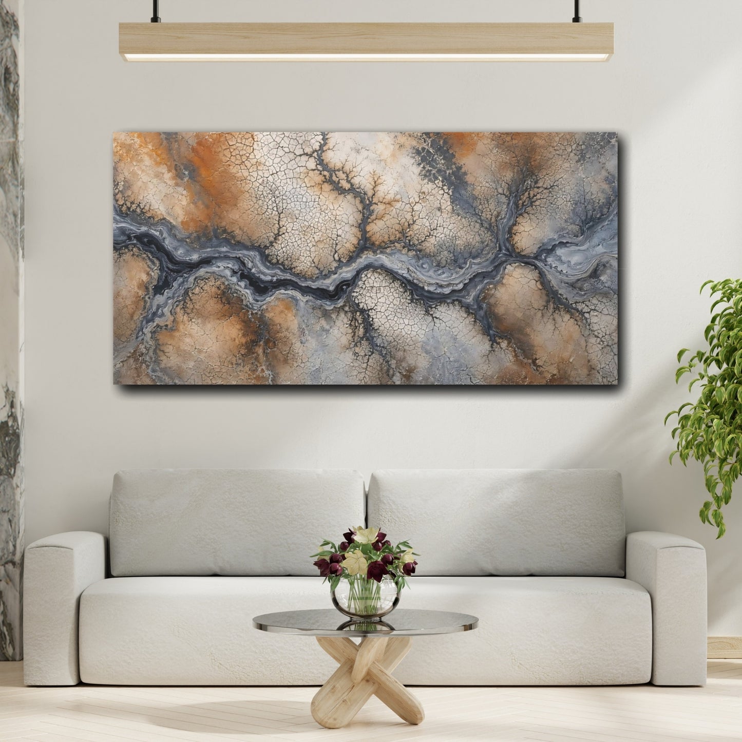 Mockup 3. Nature Dry Riverbed Brown Grey Abstract shown as stretched canvas wall art