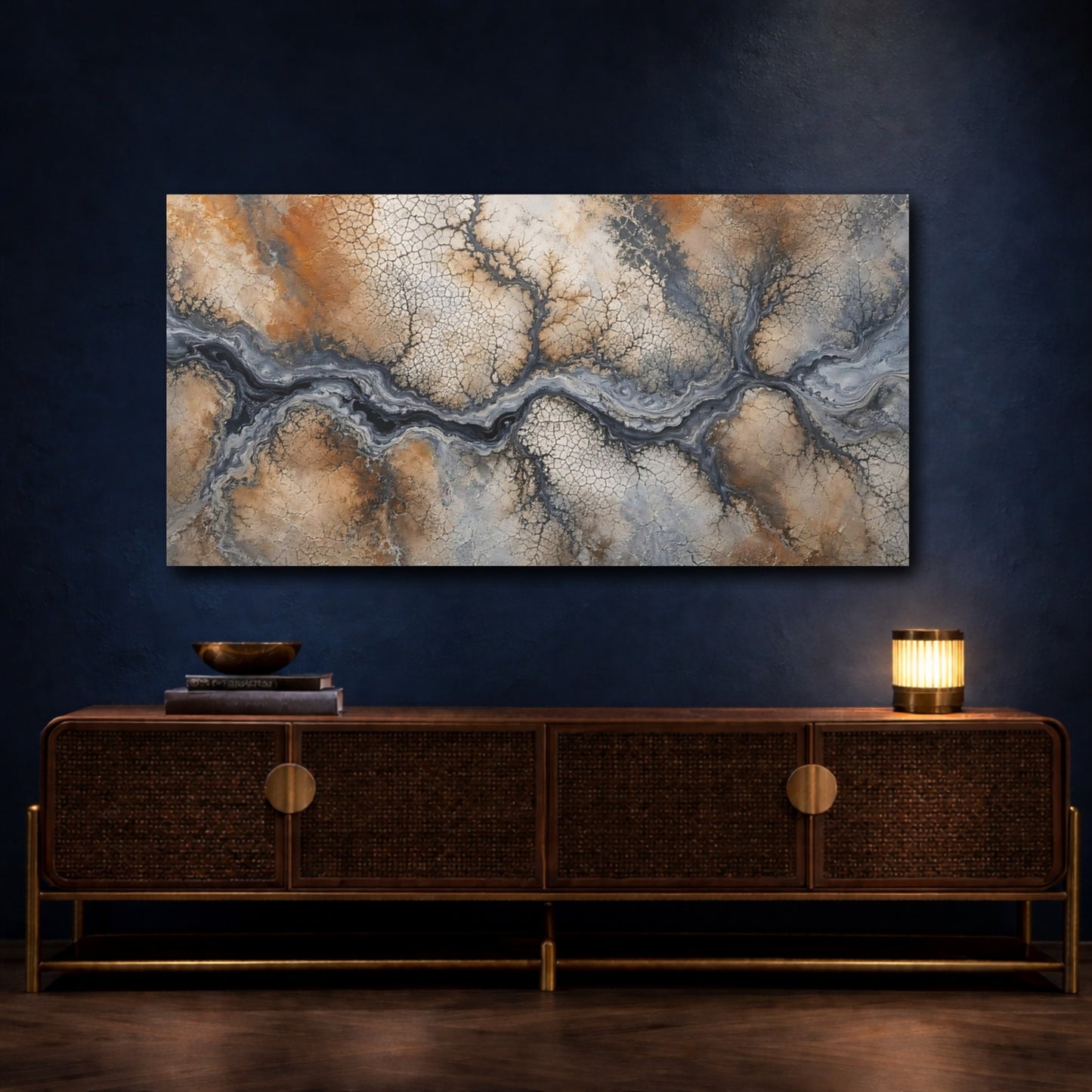 Mockup 4. Nature Dry Riverbed Brown Grey Abstract shown as stretched canvas wall art