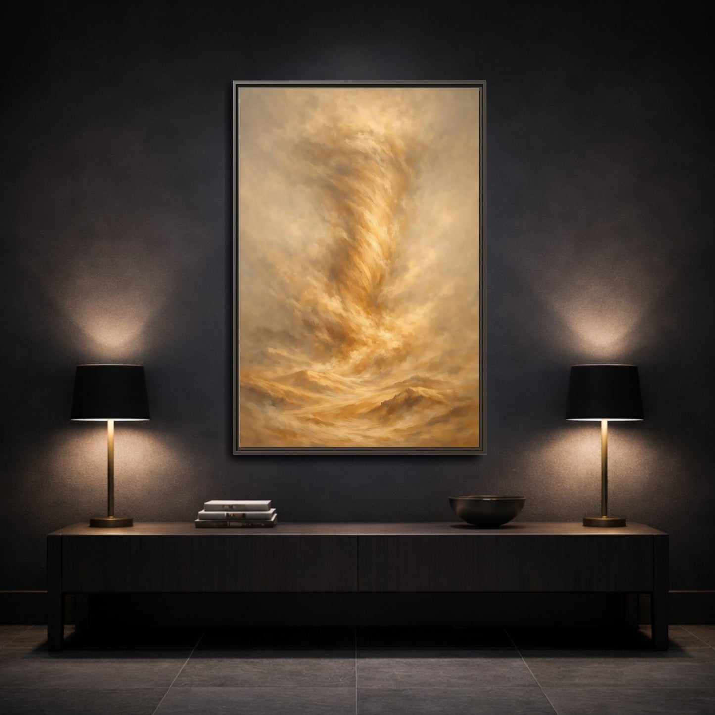 Mockup 2. Nature Dust Storm Gold Dust Storm shown as stretched canvas wall art