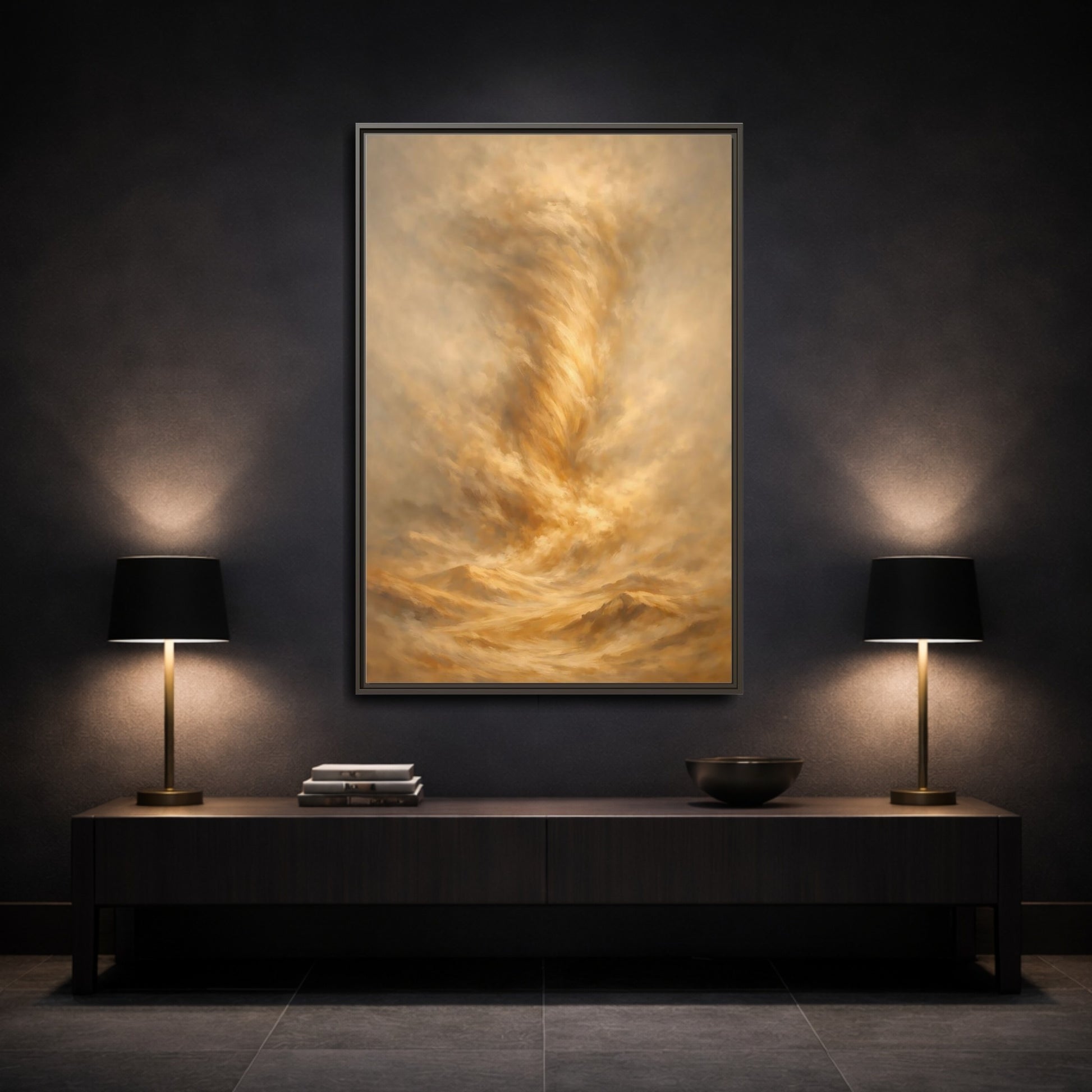 Mockup 2. Nature Dust Storm Gold Dust Storm shown as stretched canvas wall art