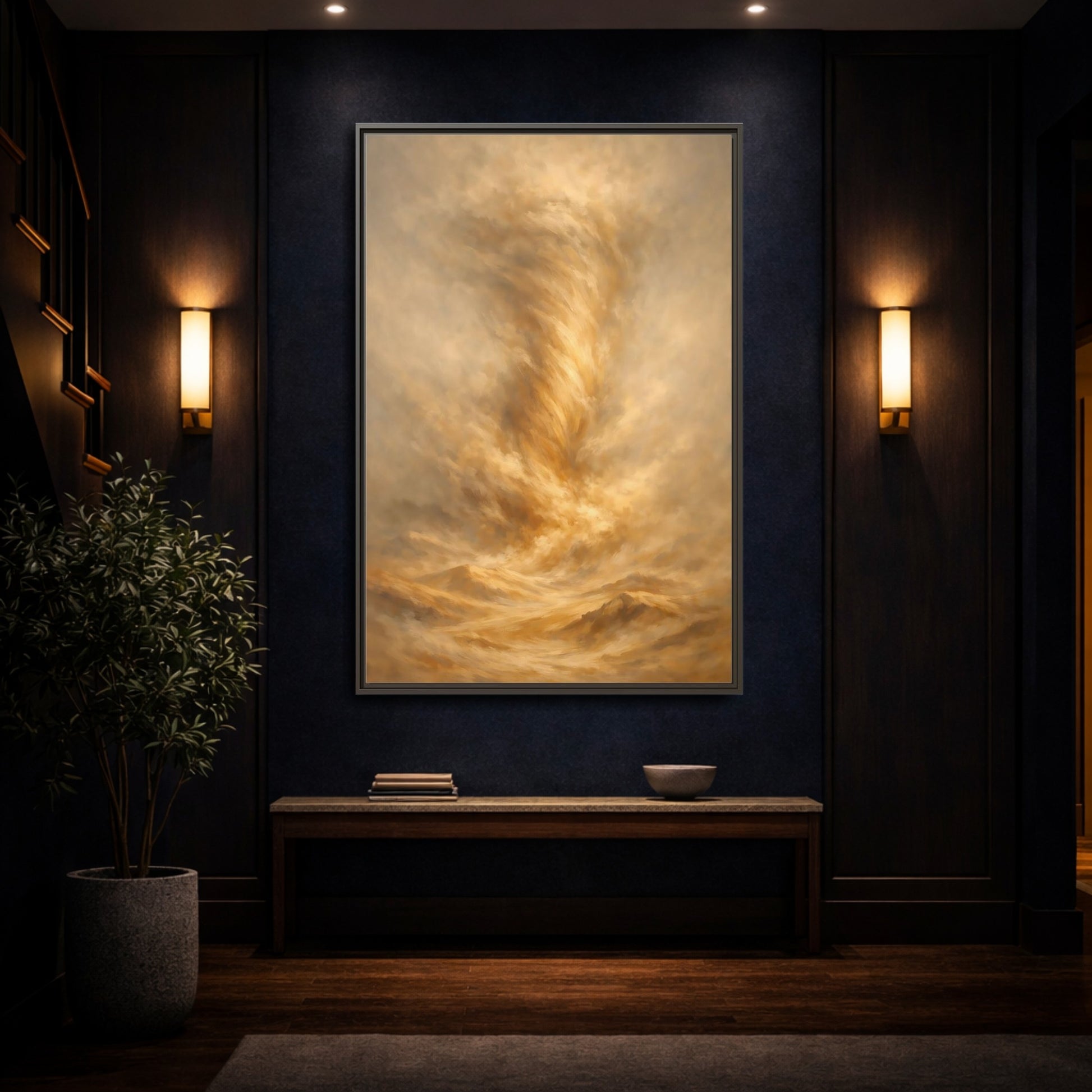 Mockup 3. Nature Dust Storm Gold Dust Storm shown as stretched canvas wall art