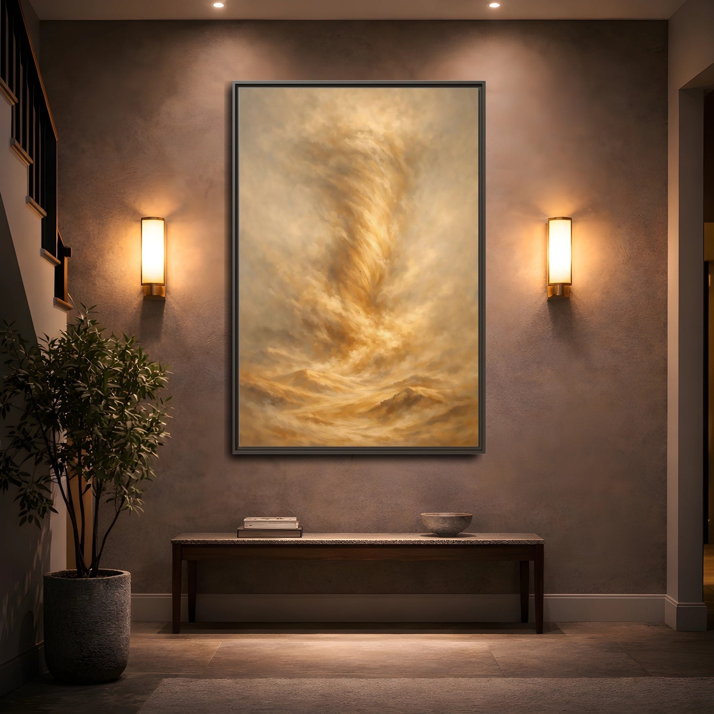 Mockup 4. Nature Dust Storm Gold Dust Storm shown as stretched canvas wall art
