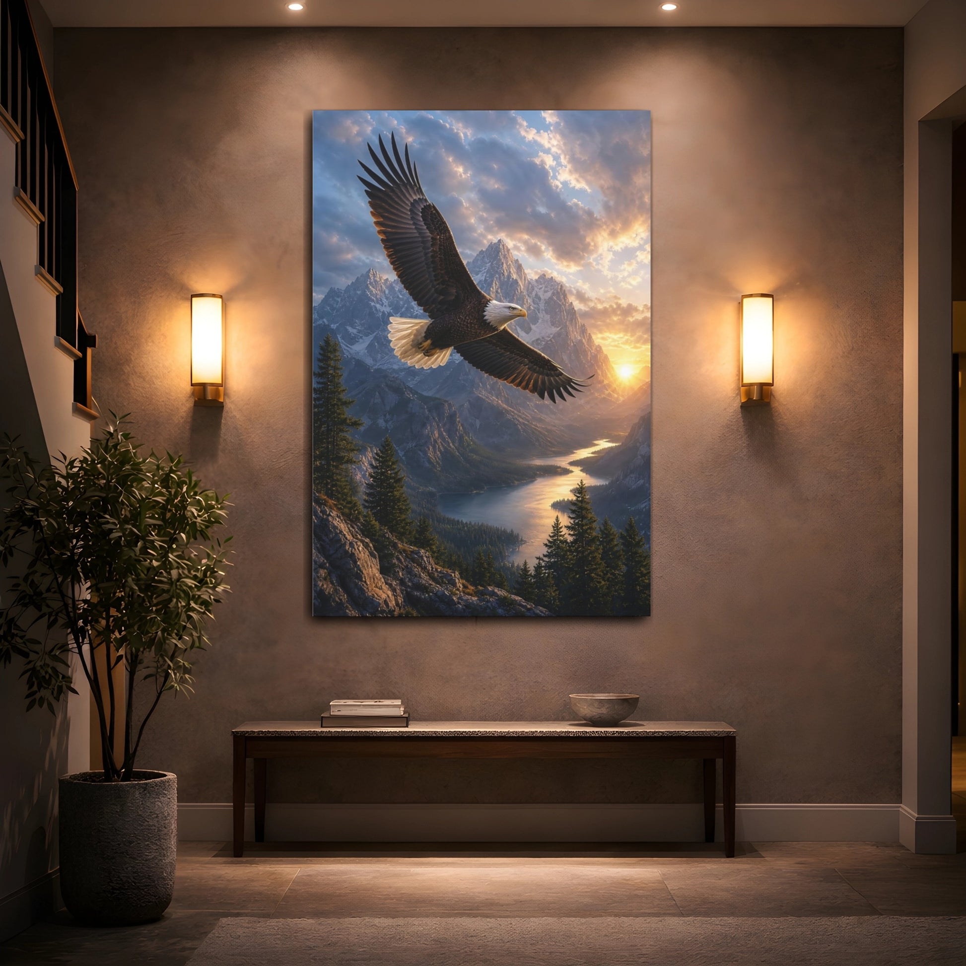 Mockup 2. Nature Eagle Eagle Mountain Sunset shown as stretched canvas wall art