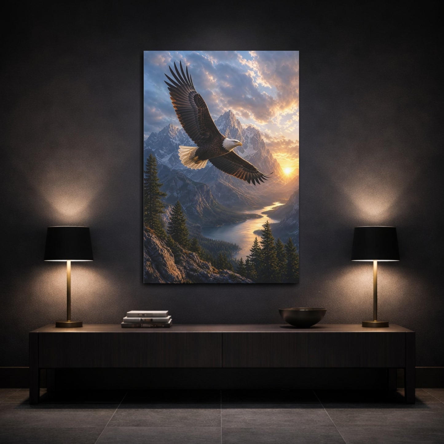 Mockup 3. Nature Eagle Eagle Mountain Sunset shown as stretched canvas wall art