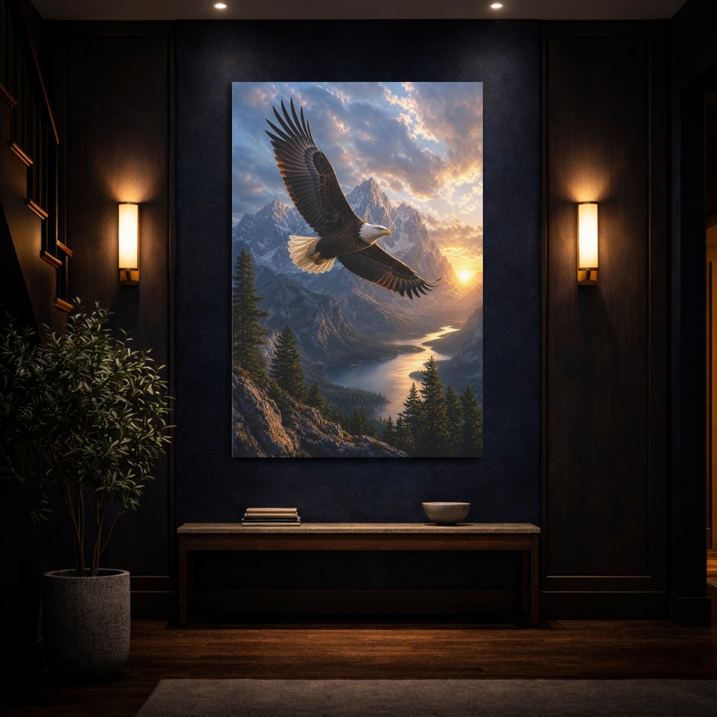 Mockup 4. Nature Eagle Eagle Mountain Sunset shown as stretched canvas wall art