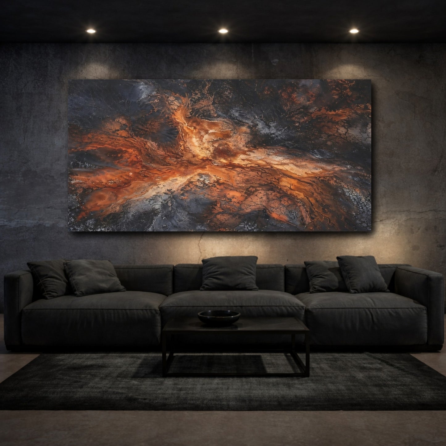 Mockup 2. Nature Earth Texture Orange And Black Abstract shown as stretched canvas wall art