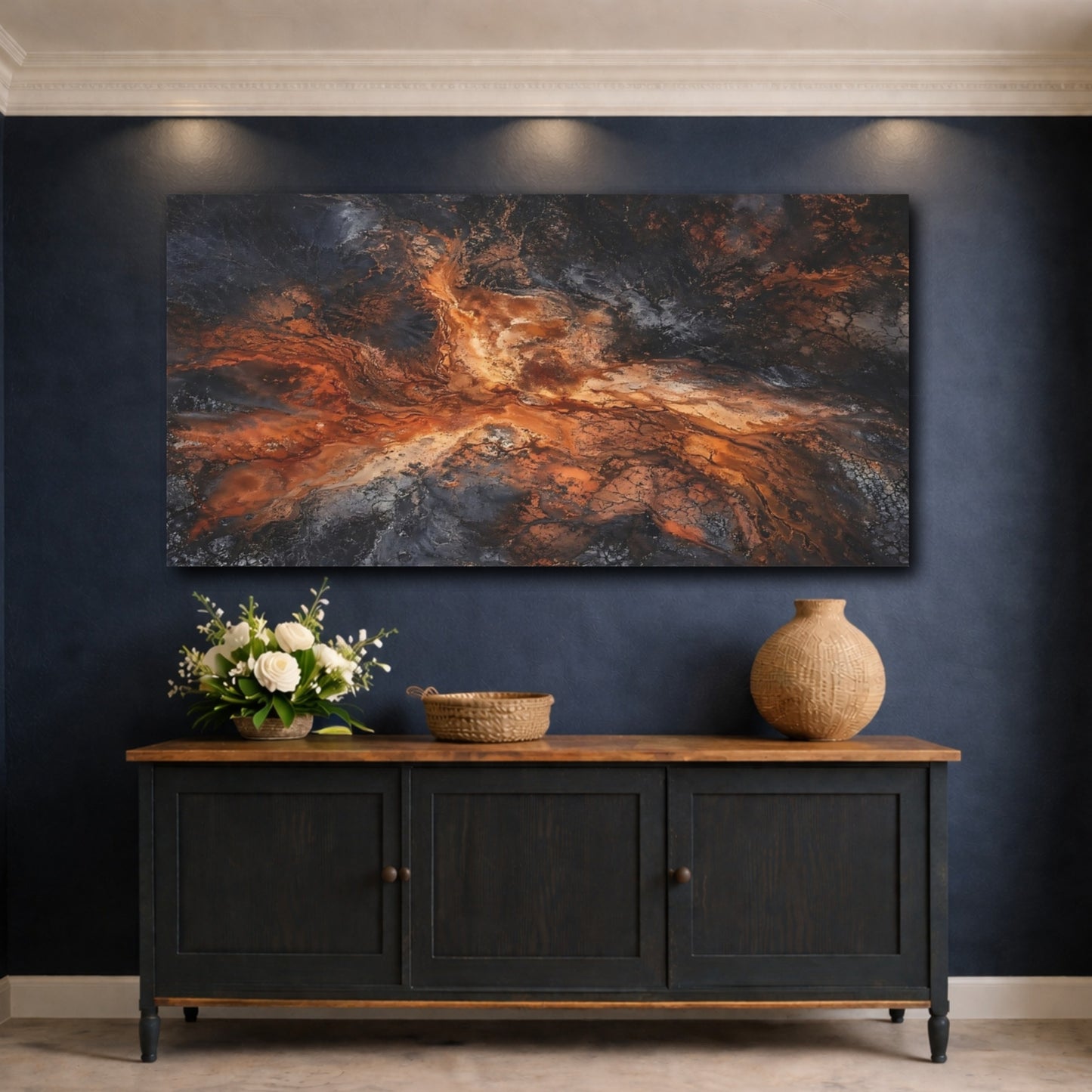 Mockup 4. Nature Earth Texture Orange And Black Abstract shown as stretched canvas wall art