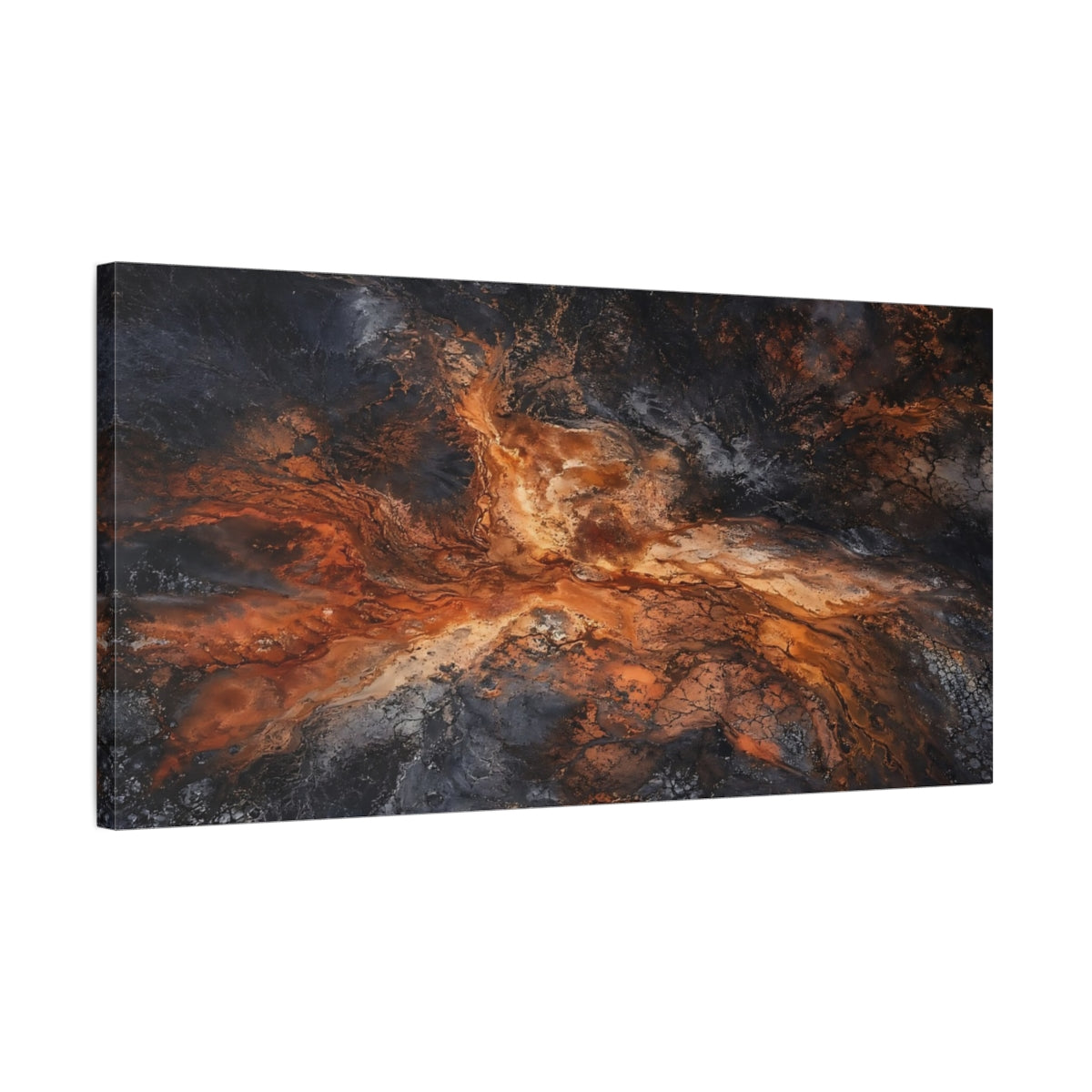 Side Mockup 1. Nature Earth Texture Orange And Black Abstract shown as stretched canvas wall art