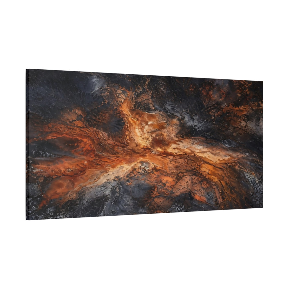Side Mockup 2. Nature Earth Texture Orange And Black Abstract shown as stretched canvas wall art