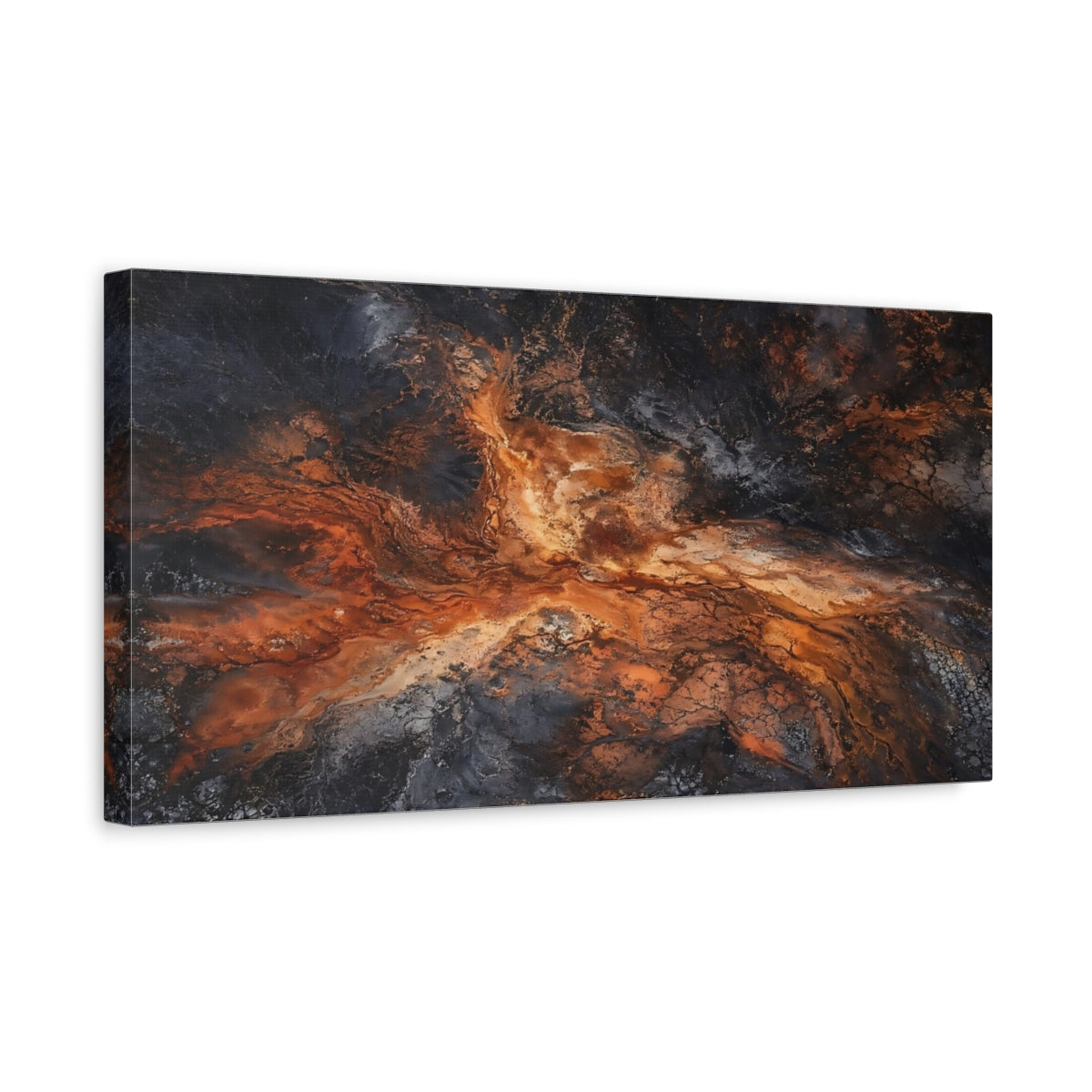Side Mockup 3. Nature Earth Texture Orange And Black Abstract shown as stretched canvas wall art