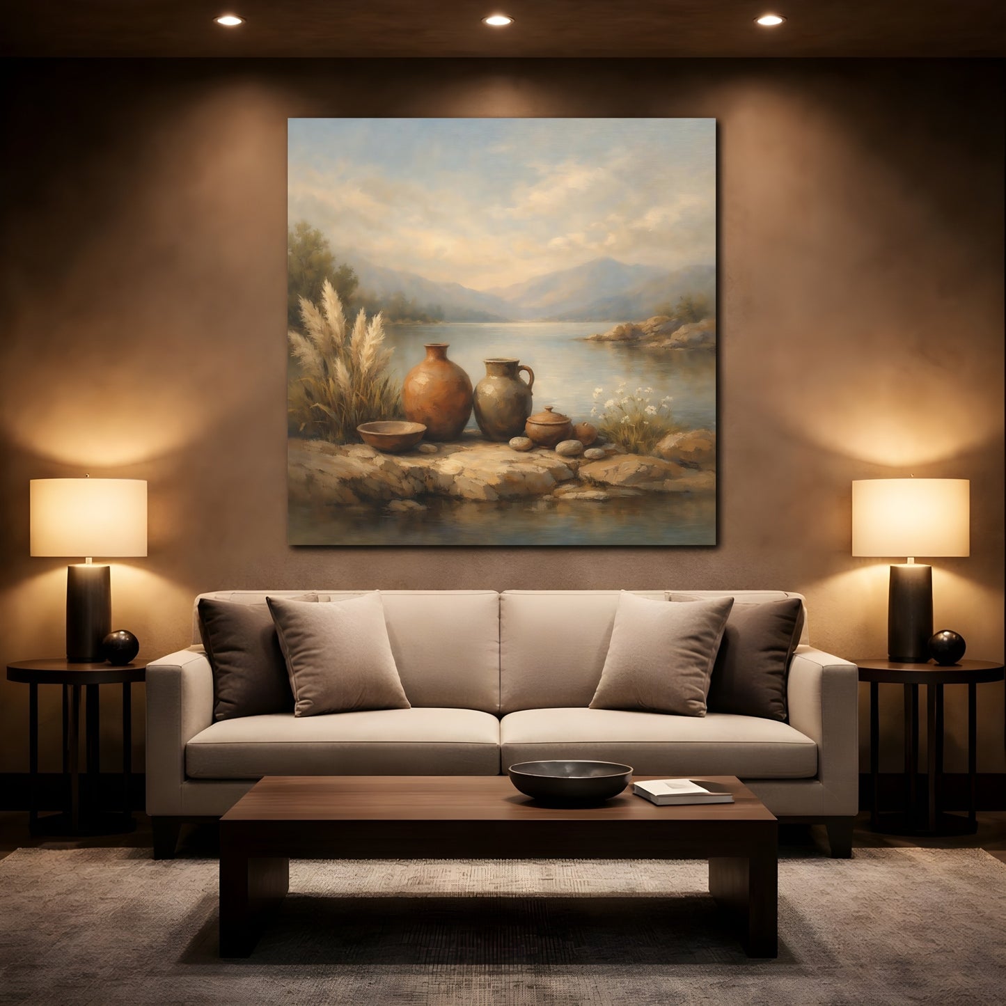 Mockup 2. Nature Earthenware Vases Earthenware Lake View shown as stretched canvas wall art