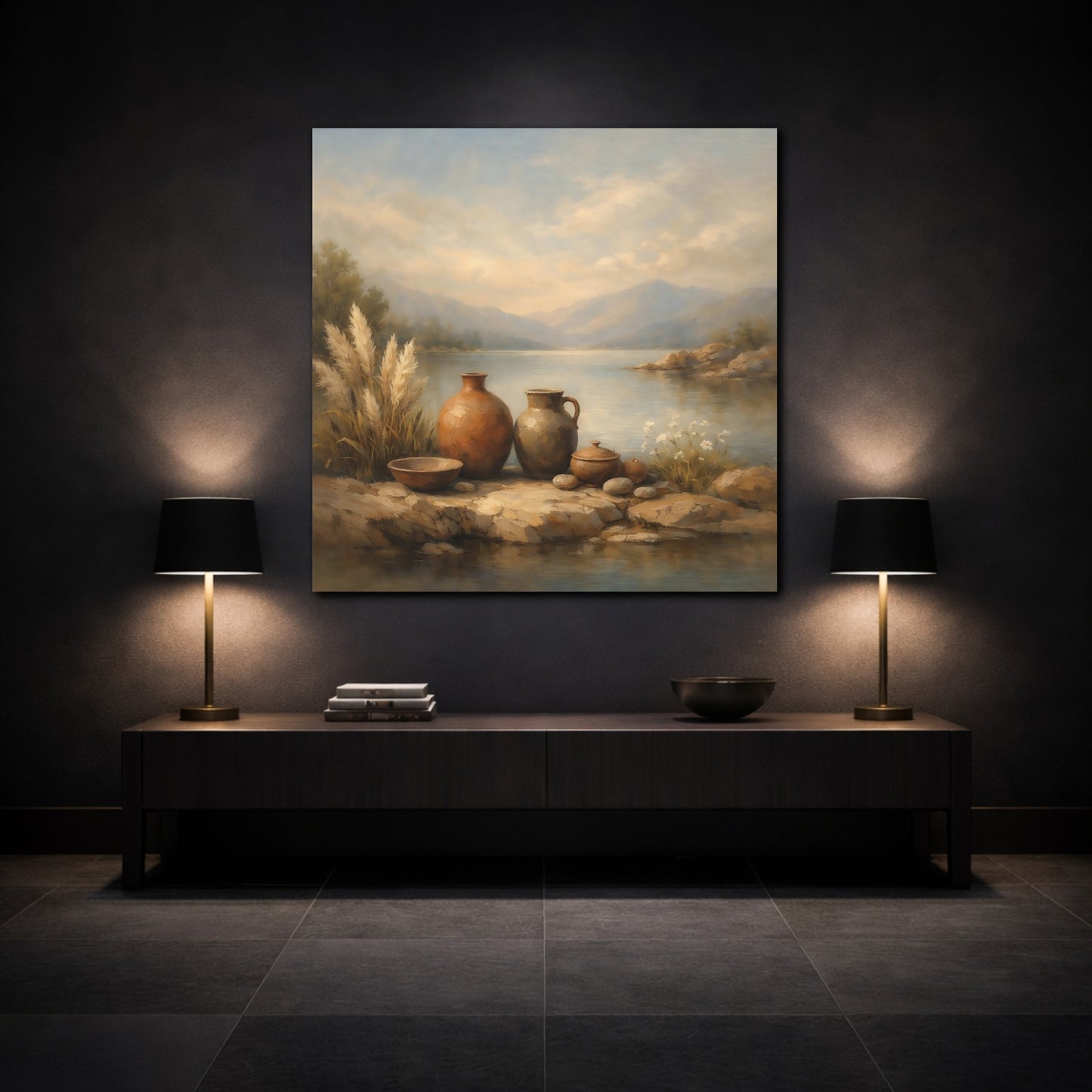 Mockup 3. Nature Earthenware Vases Earthenware Lake View shown as stretched canvas wall art