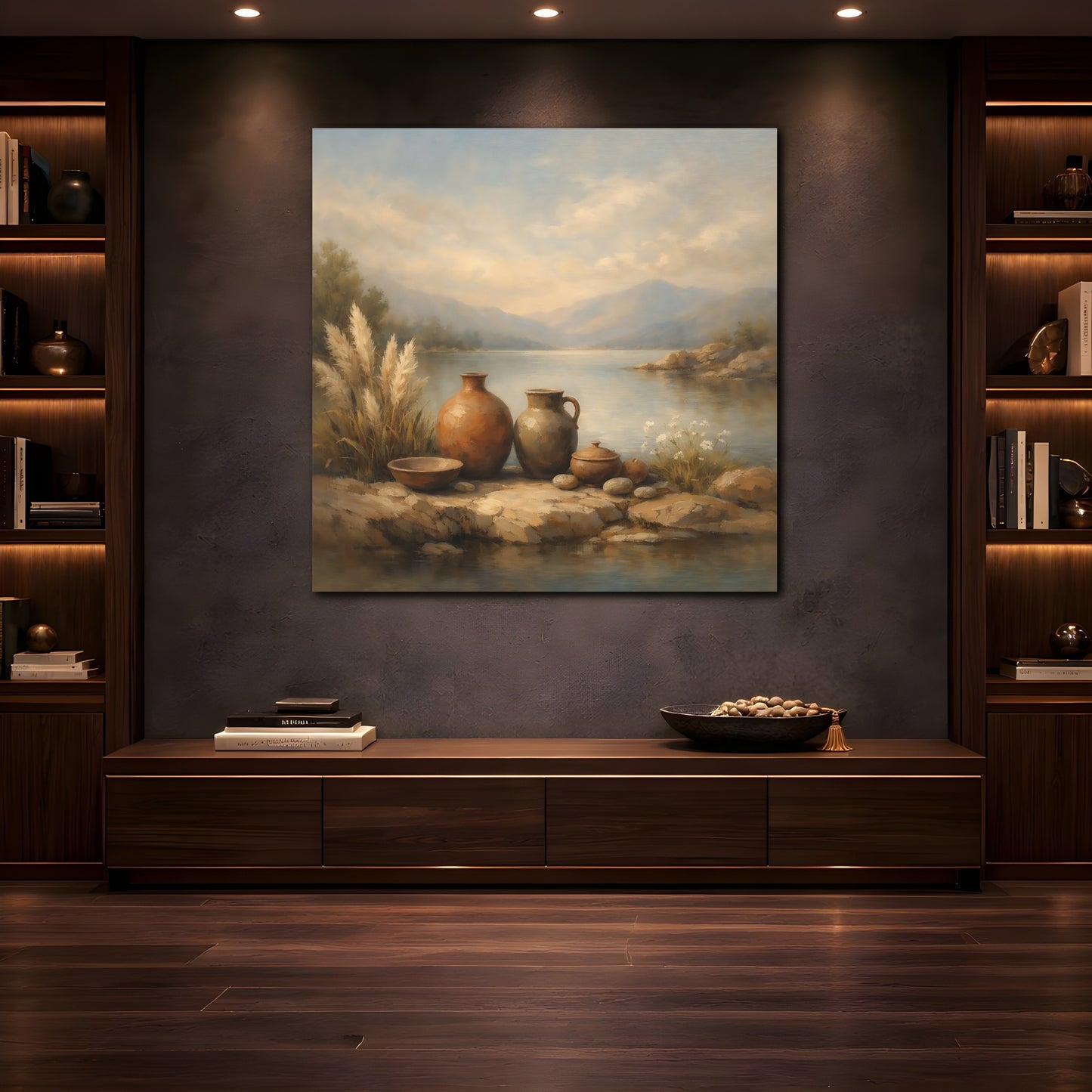 Mockup 4. Nature Earthenware Vases Earthenware Lake View shown as stretched canvas wall art
