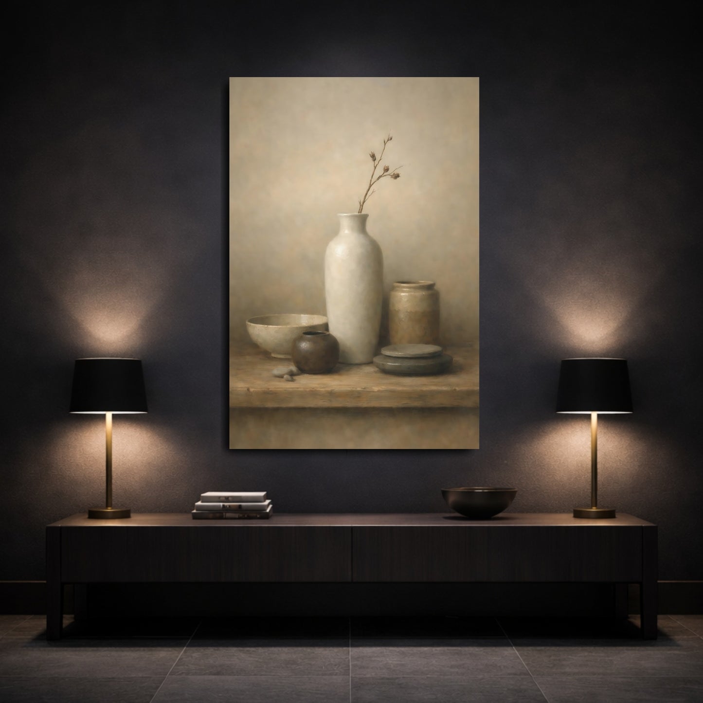 Mockup 2. Nature Earthenware Vessels Brown And Beige shown as stretched canvas wall art