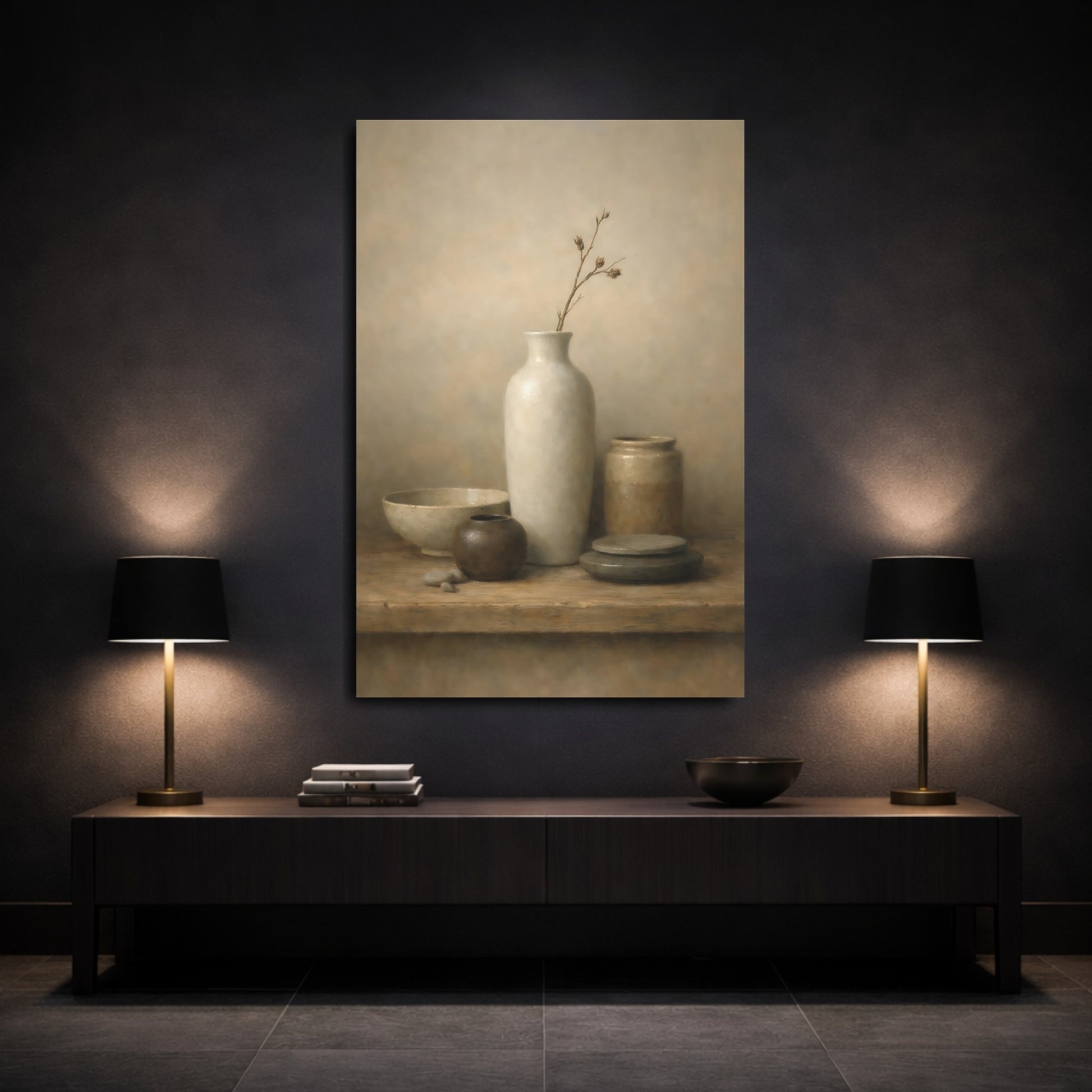 Mockup 2. Nature Earthenware Vessels Brown And Beige shown as stretched canvas wall art