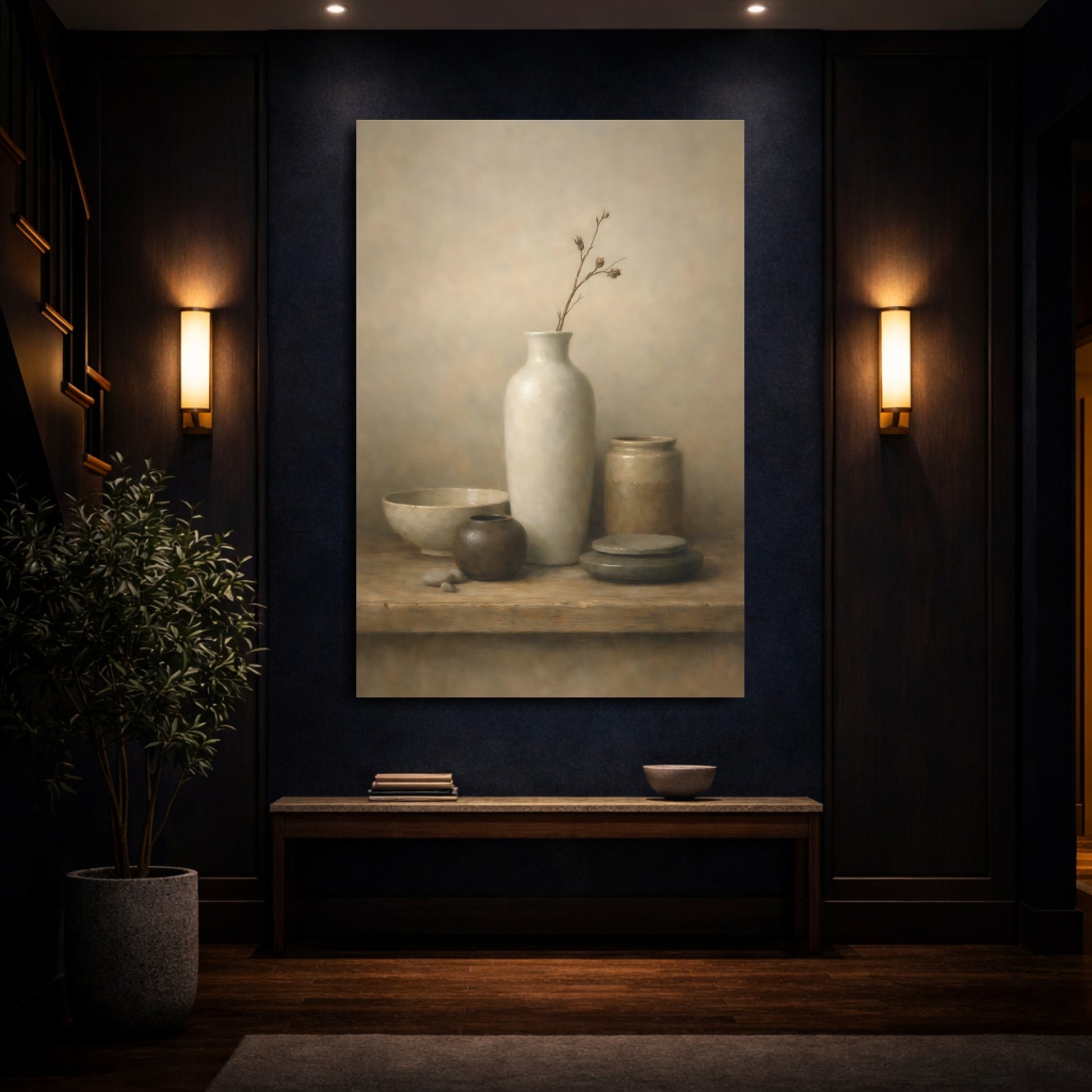 Mockup 3. Nature Earthenware Vessels Brown And Beige shown as stretched canvas wall art
