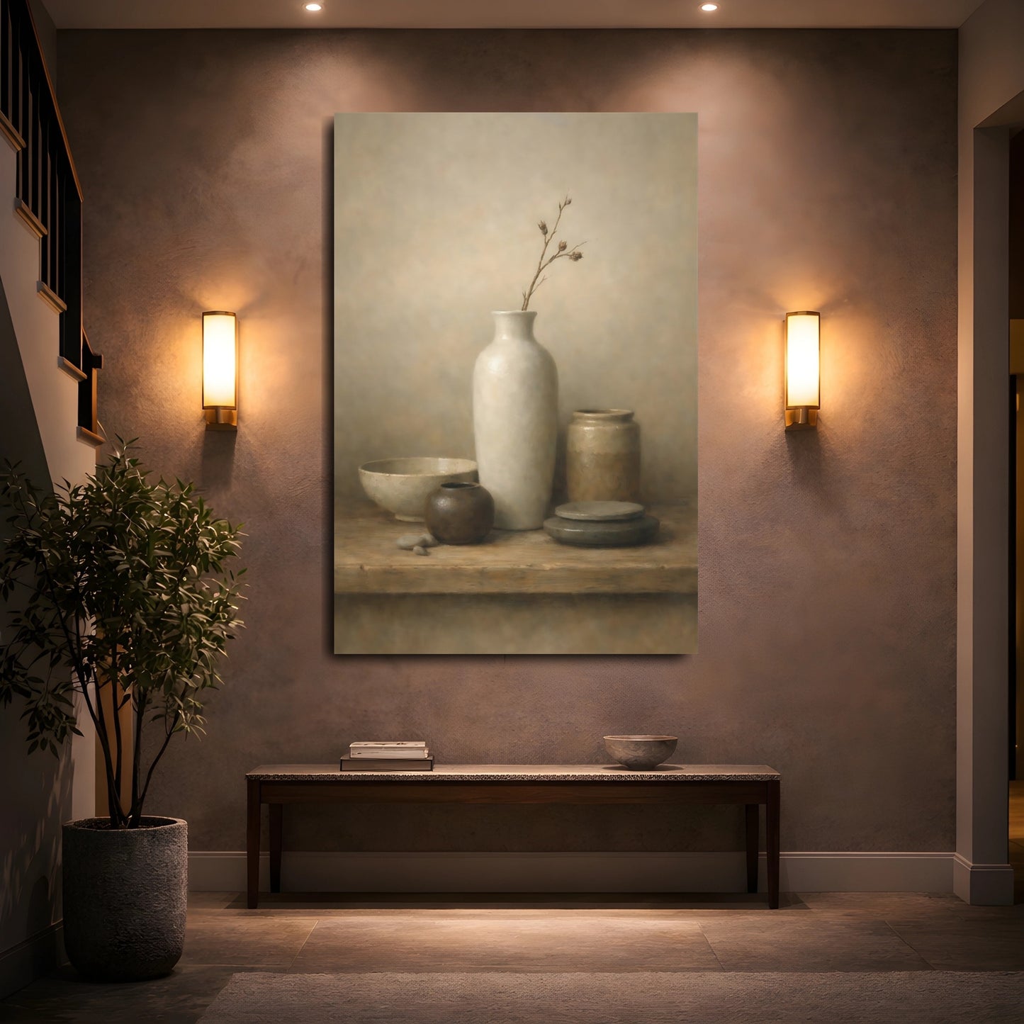 Mockup 4. Nature Earthenware Vessels Brown And Beige shown as stretched canvas wall art