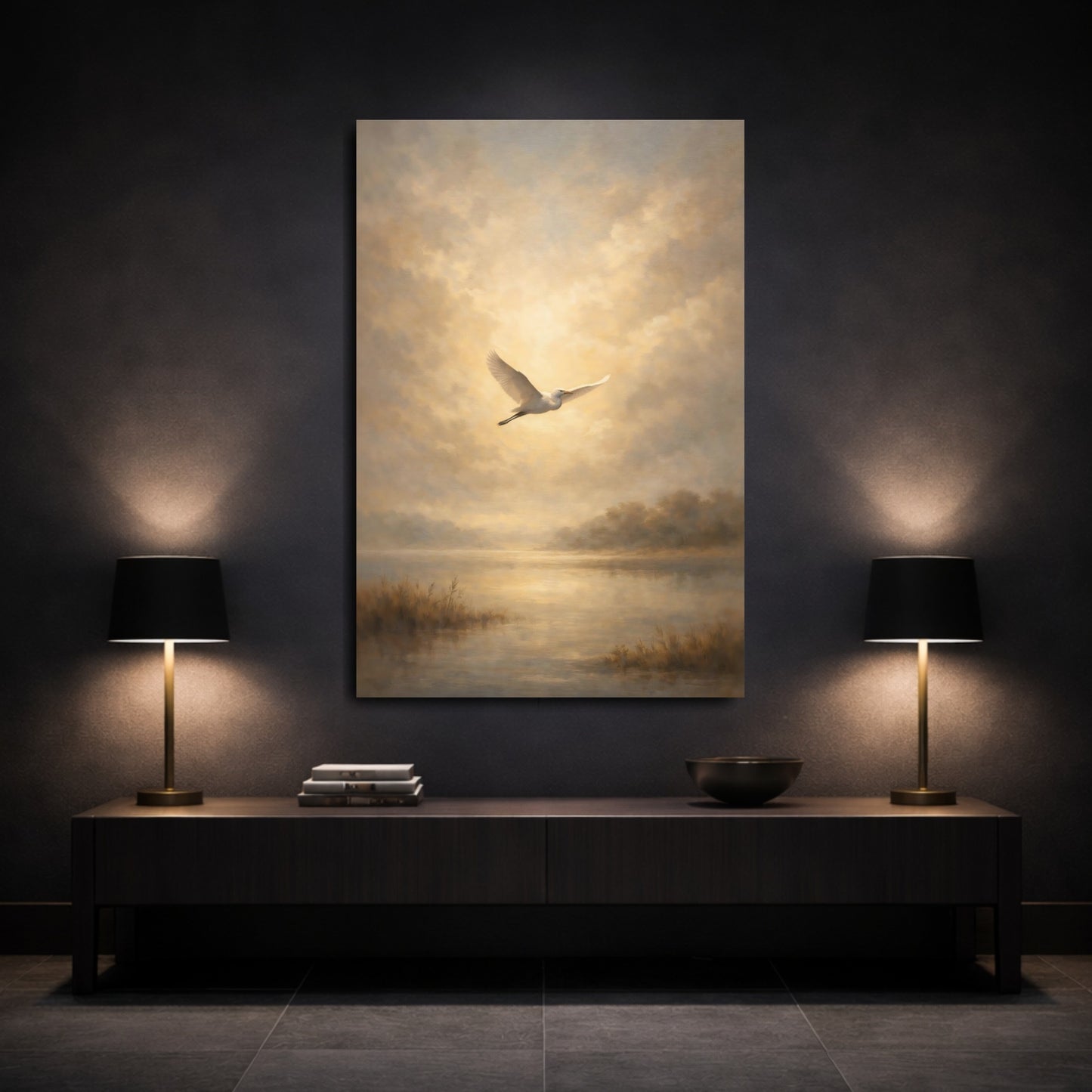 Mockup 2. Nature Egret Golden Egret shown as stretched canvas wall art