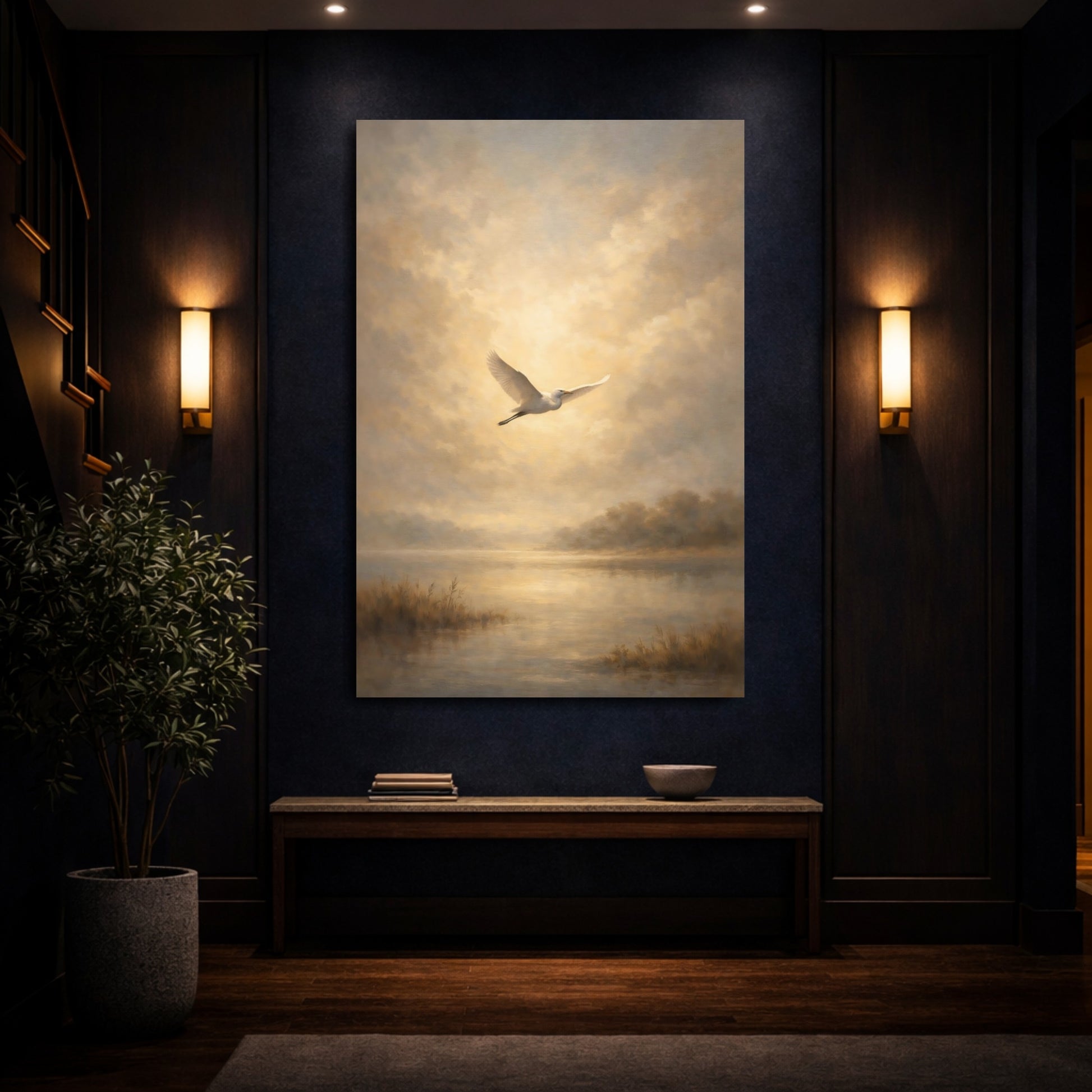 Mockup 3. Nature Egret Golden Egret shown as stretched canvas wall art