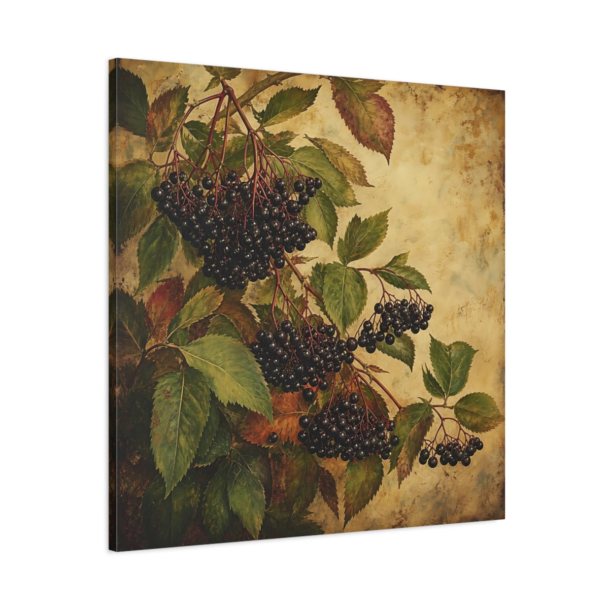 Main Mockup. Nature Elderberries Black And Green shown as stretched canvas wall art