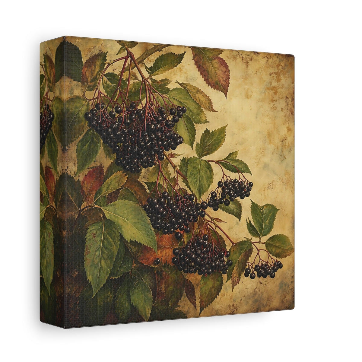 Side Mockup 2. Nature Elderberries Black And Green shown as stretched canvas wall art