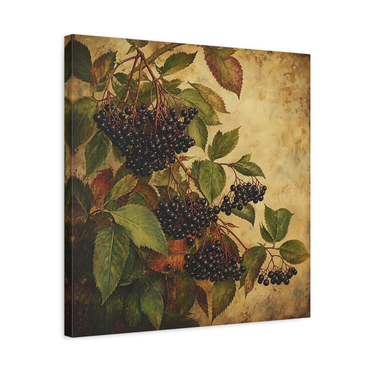 Side Mockup 5. Nature Elderberries Black And Green shown as stretched canvas wall art