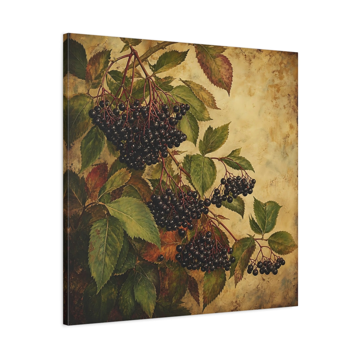 Side Mockup 3. Nature Elderberries Black And Green shown as stretched canvas wall art