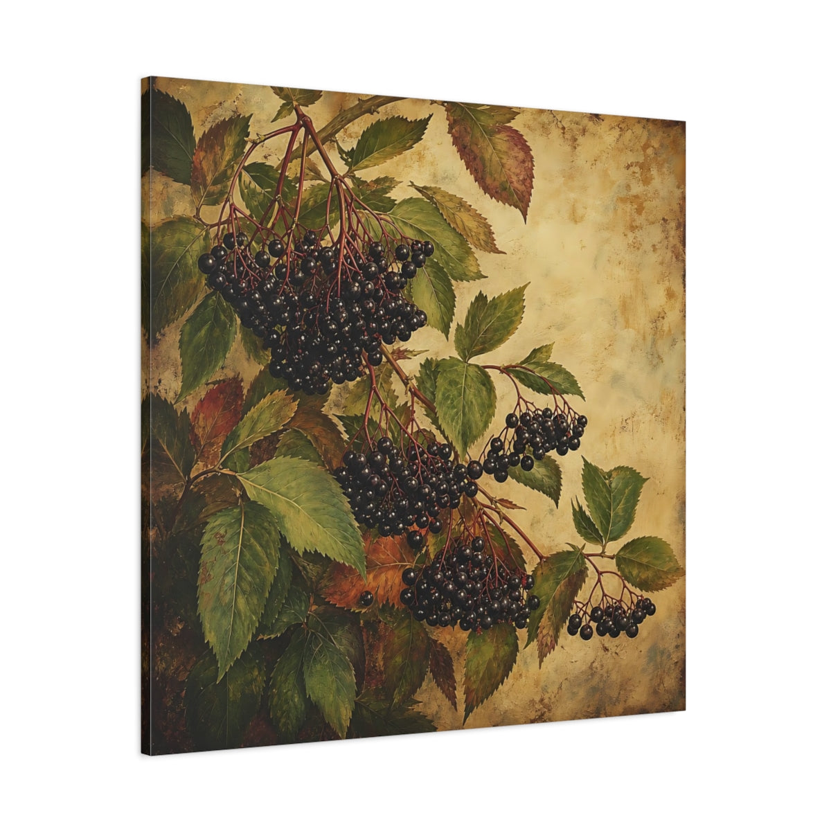 Side Mockup 1. Nature Elderberries Black And Green shown as stretched canvas wall art