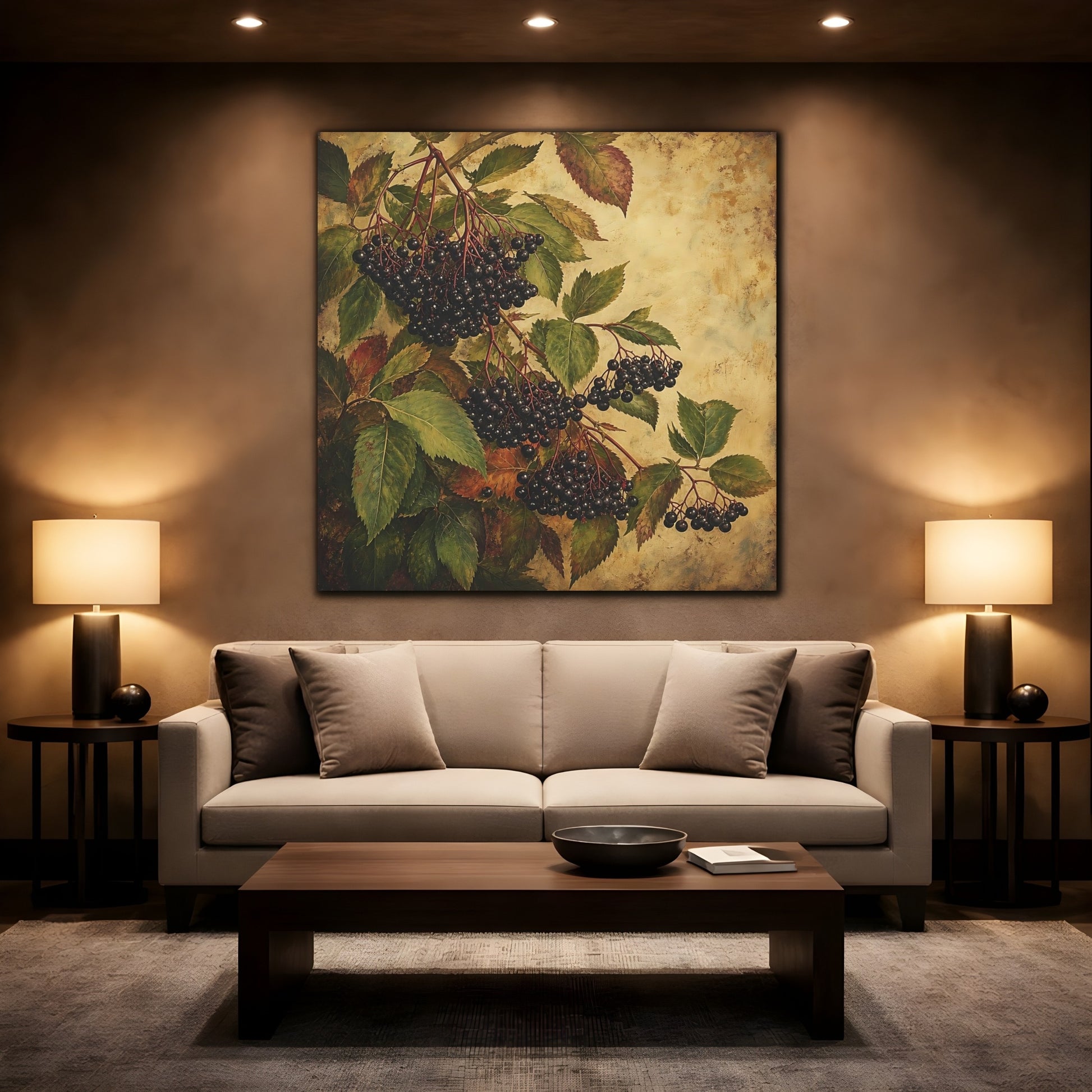 Mockup 2. Nature Elderberries Black And Green shown as stretched canvas wall art