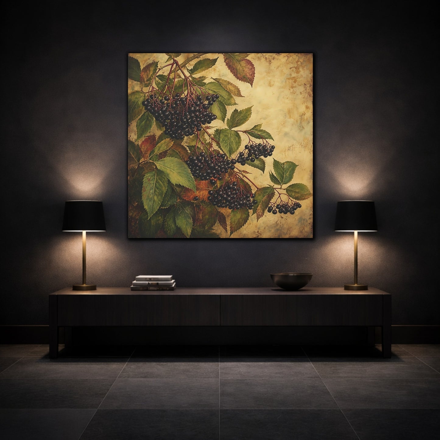 Mockup 3. Nature Elderberries Black And Green shown as stretched canvas wall art