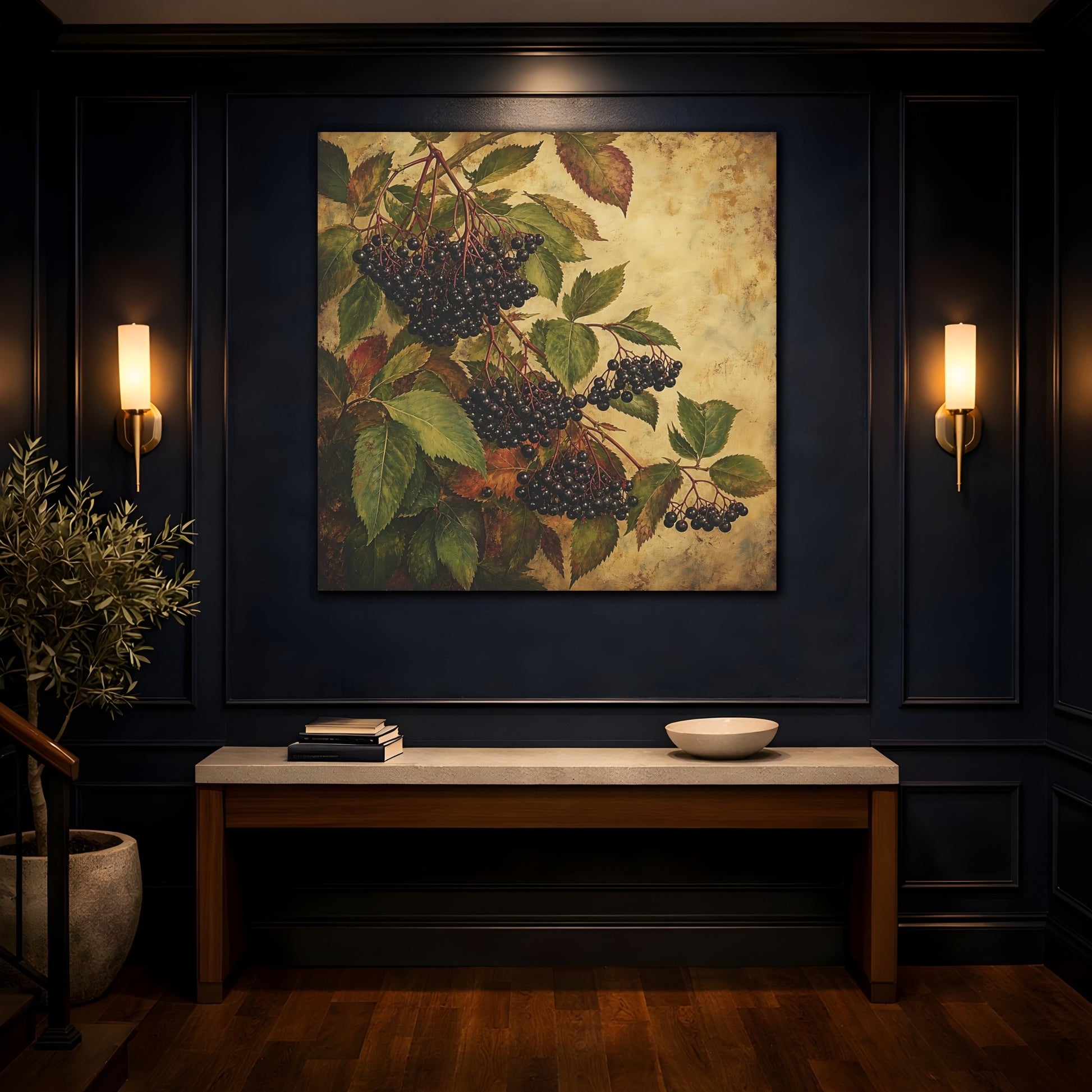 Mockup 4. Nature Elderberries Black And Green shown as stretched canvas wall art