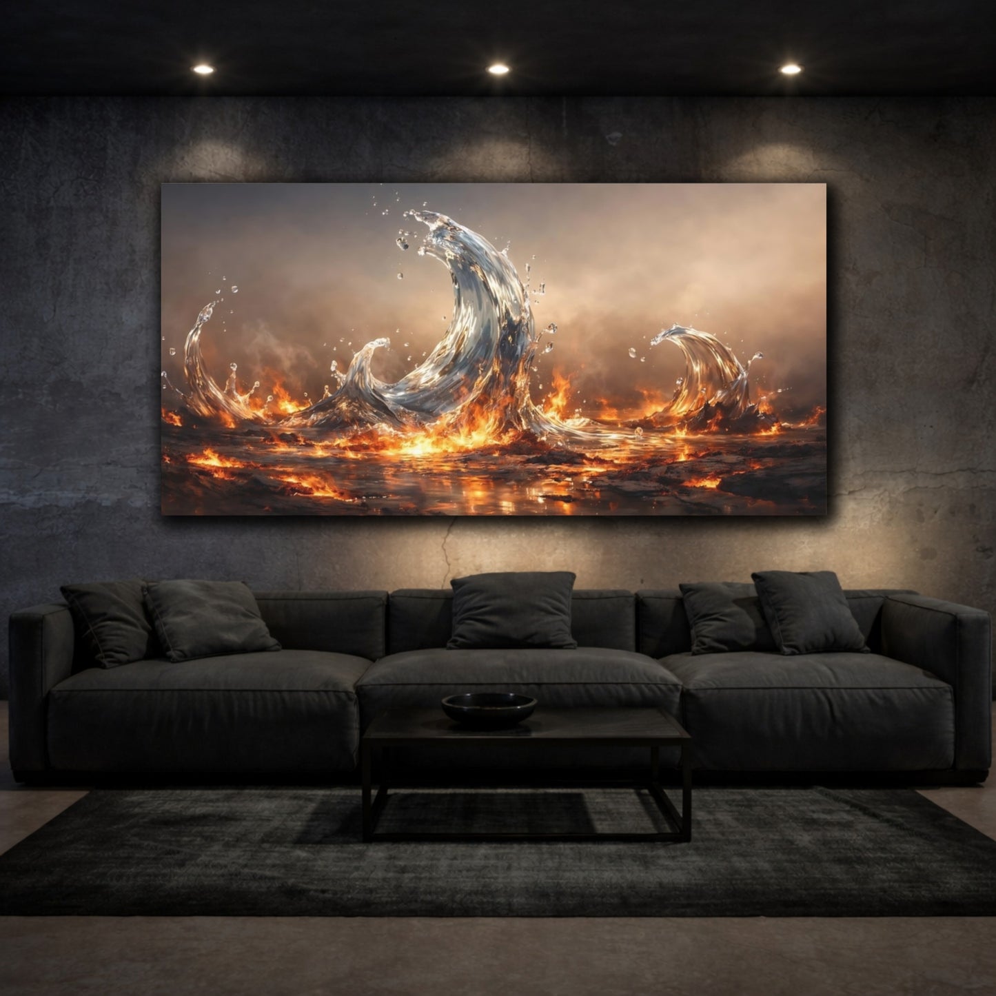 Mockup 2. Nature Elemental Waves Water And Fire shown as stretched canvas wall art