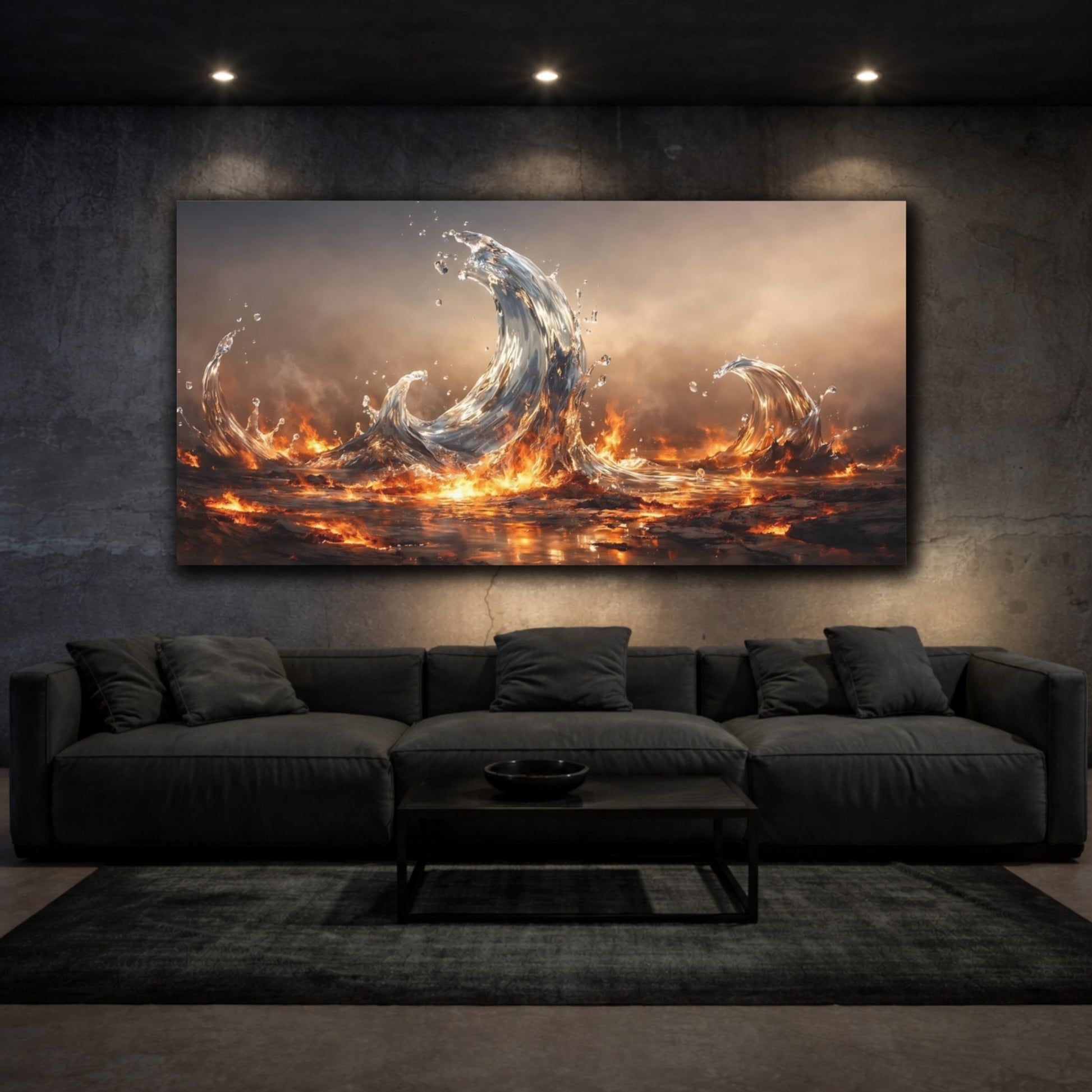 Mockup 2. Nature Elemental Waves Water And Fire shown as stretched canvas wall art