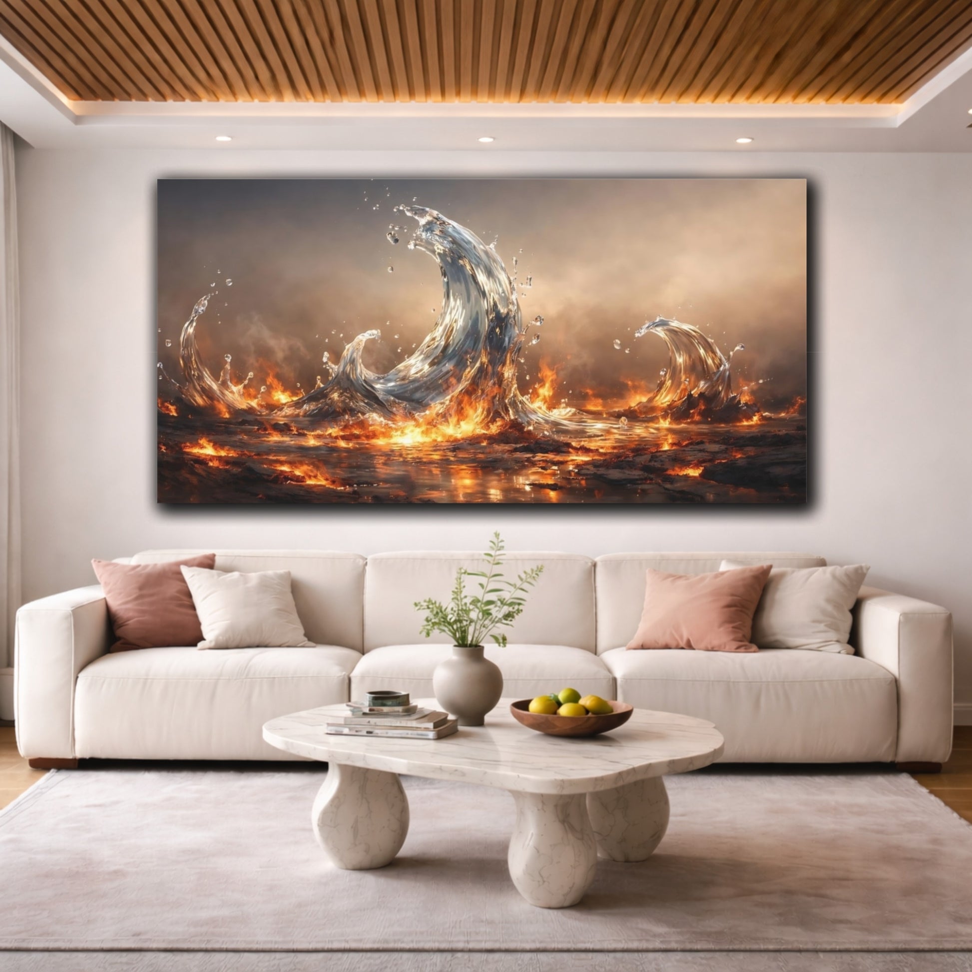 Mockup 3. Nature Elemental Waves Water And Fire shown as stretched canvas wall art