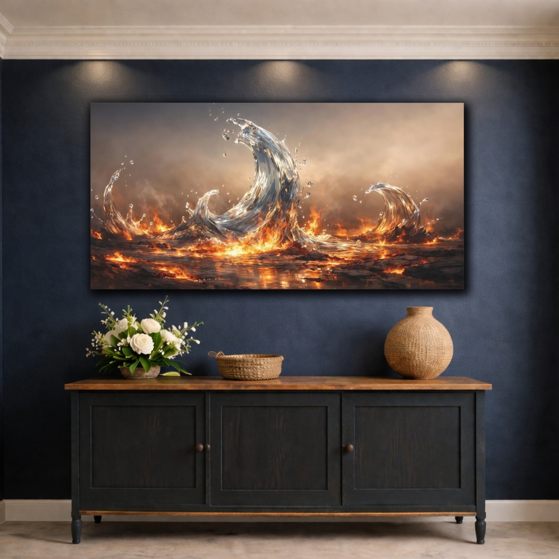 Mockup 4. Nature Elemental Waves Water And Fire shown as stretched canvas wall art