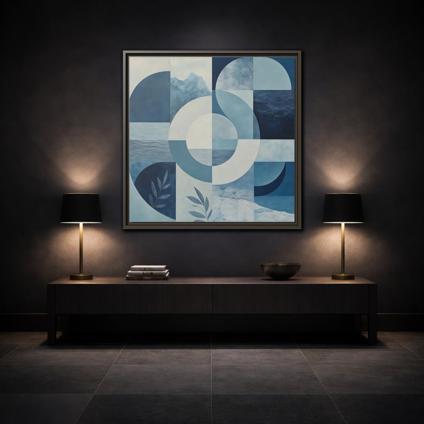 Nature Elements Blue And White Framed Canvas Print – Living Room, Above Console Table - YesArtYes