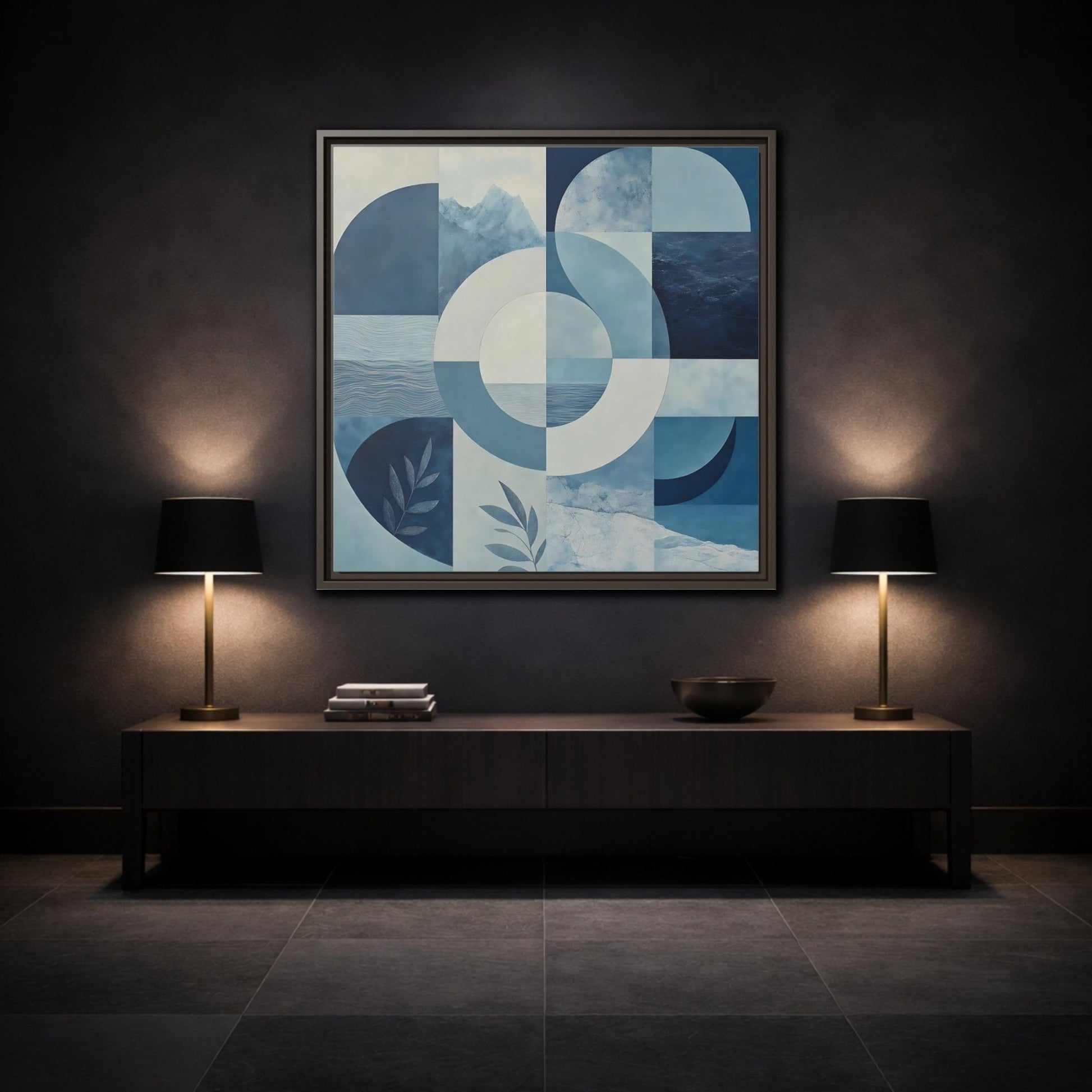 Nature Elements Blue And White Framed Canvas Print – Living Room, Above Console Table - YesArtYes
