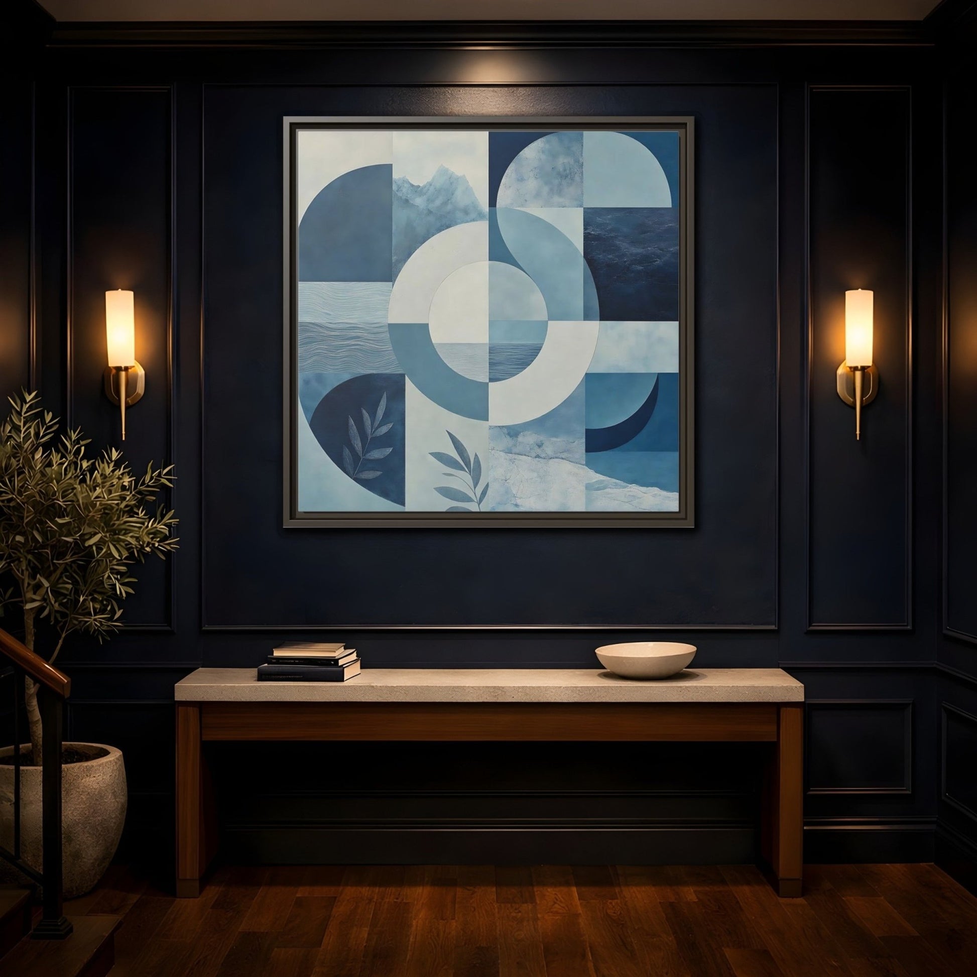 Nature Elements Blue And White Framed Canvas Print – Living Room, Above Console Table - YesArtYes