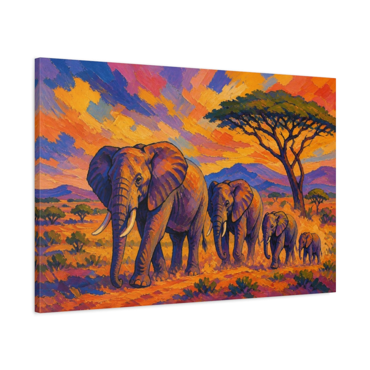 Main Mockup. Nature Elephants At Sunset shown as canvas print